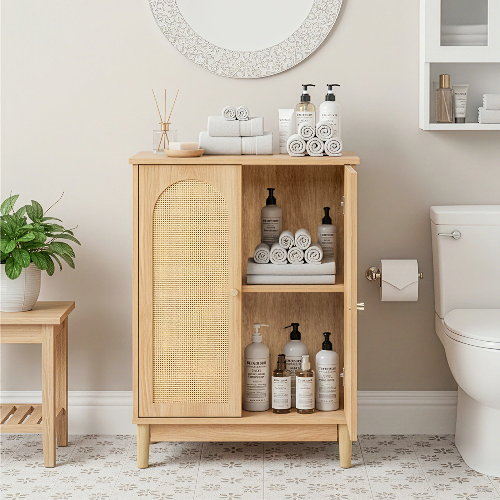 60x30x80cm Bathroom Vanity Cabinet, Double Door, Natural Wood Particleboard with Melamine Veneer & Rattan Finish