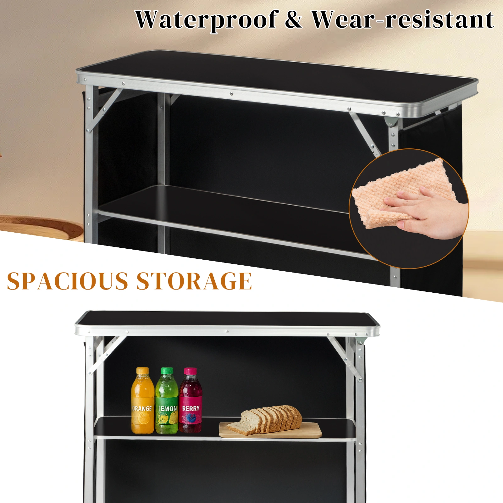 Portable Folding Bar Table with Shelf & Storage Bag, Black Tradeshow Podium Table with Skirt for Indoor Outdoor Parties Exhibitions Picnics view 11