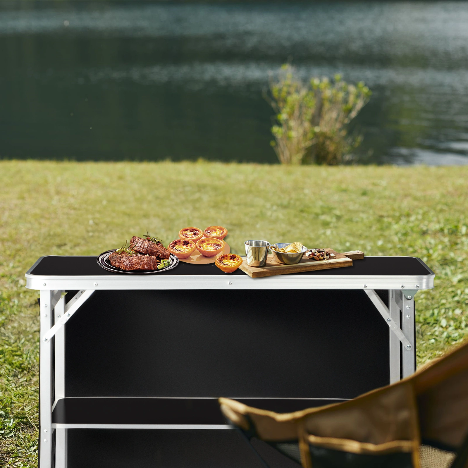 Portable Folding Bar Table with Shelf & Storage Bag, Black Tradeshow Podium Table with Skirt for Indoor Outdoor Parties Exhibitions Picnics view 14