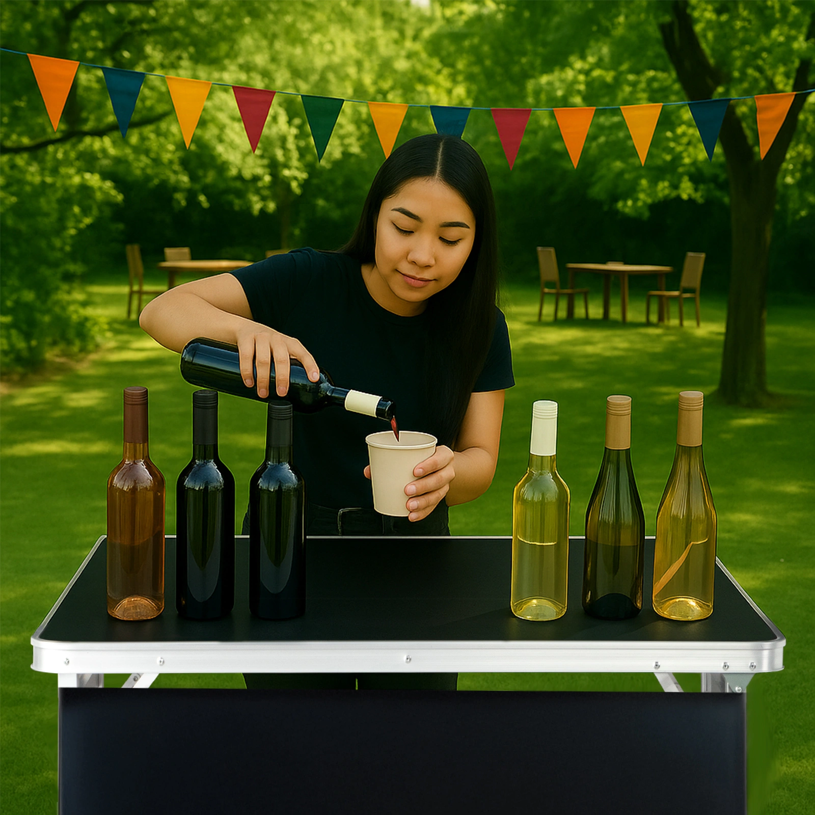 Portable Folding Bar Table with Shelf & Storage Bag, Black Tradeshow Podium Table with Skirt for Indoor Outdoor Parties Exhibitions Picnics view 17