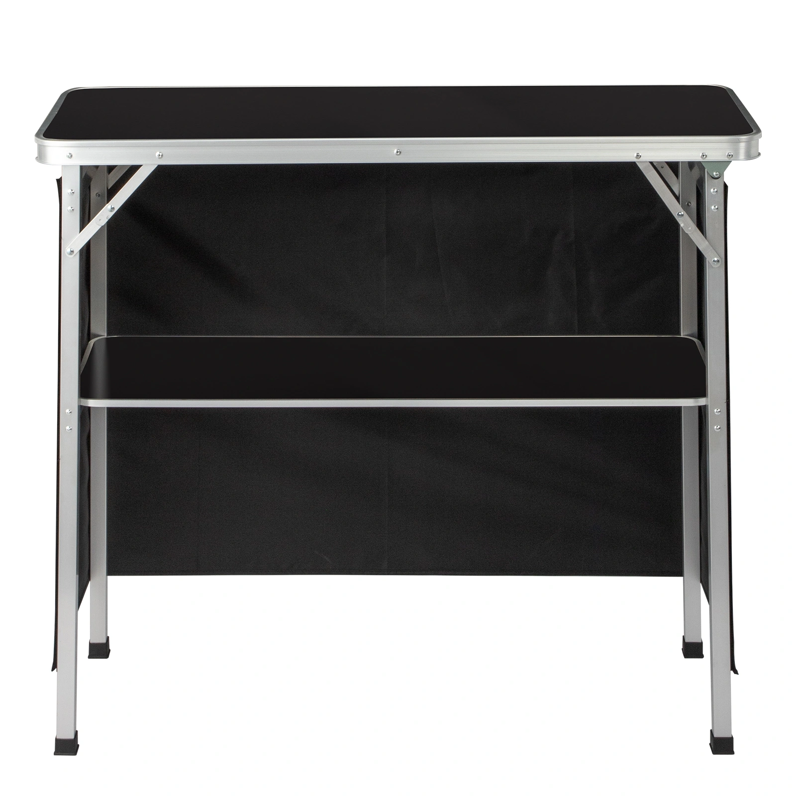 Portable Folding Bar Table with Shelf & Storage Bag, Black Tradeshow Podium Table with Skirt for Indoor Outdoor Parties Exhibitions Picnics view 4