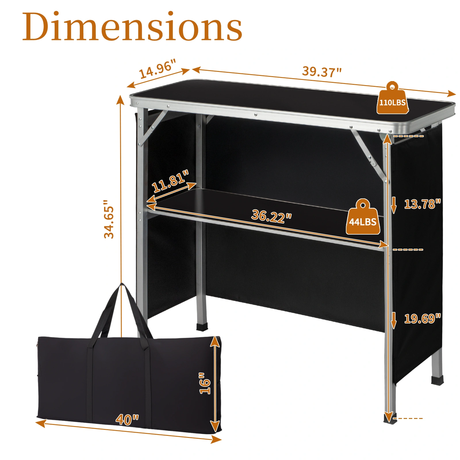 Portable Folding Bar Table with Shelf & Storage Bag, Black Tradeshow Podium Table with Skirt for Indoor Outdoor Parties Exhibitions Picnics view 6