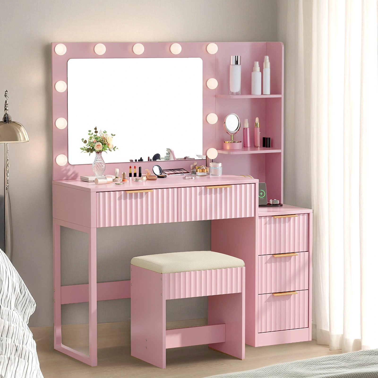 Pink 5-Drawer Dressing Table Set with Melamine Finish, 2-Tier, 11 Light Bulbs, Power Strip & Grille