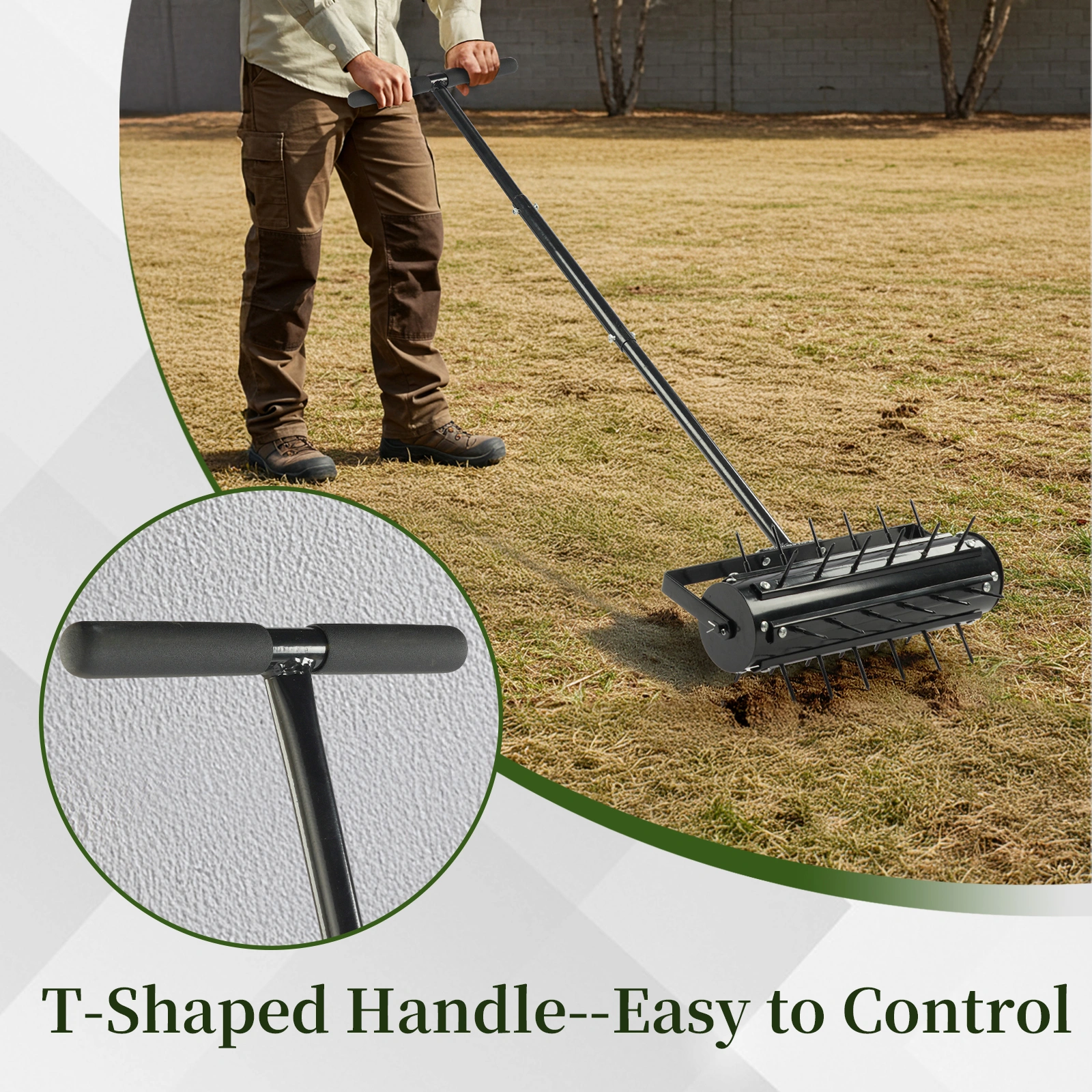 17-Inch Manual Lawn Aerator Tool, T-Handle Rolling Aerator Spike Tool, Heavy Duty Garden Aeration Tool for Grass, Yard & Soil Health, Black view 10