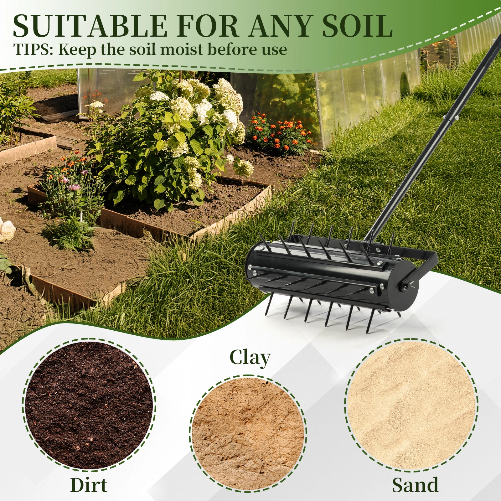 17-Inch Manual Lawn Aerator Tool, T-Handle Rolling Aerator Spike Tool, Heavy Duty Garden Aeration Tool for Grass, Yard & Soil Health, Black view 13