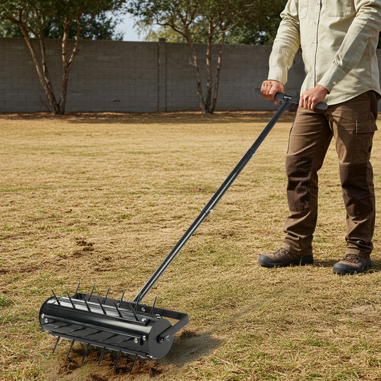 17-Inch Manual Lawn Aerator Tool, T-Handle Rolling Aerator Spike Tool, Heavy Duty Garden Aeration Tool for Grass, Yard & Soil Health, Black view 2