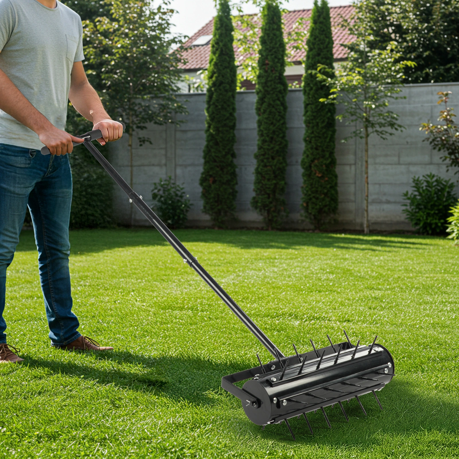 17-Inch Manual Lawn Aerator Tool, T-Handle Rolling Aerator Spike Tool, Heavy Duty Garden Aeration Tool for Grass, Yard & Soil Health, Black view 5