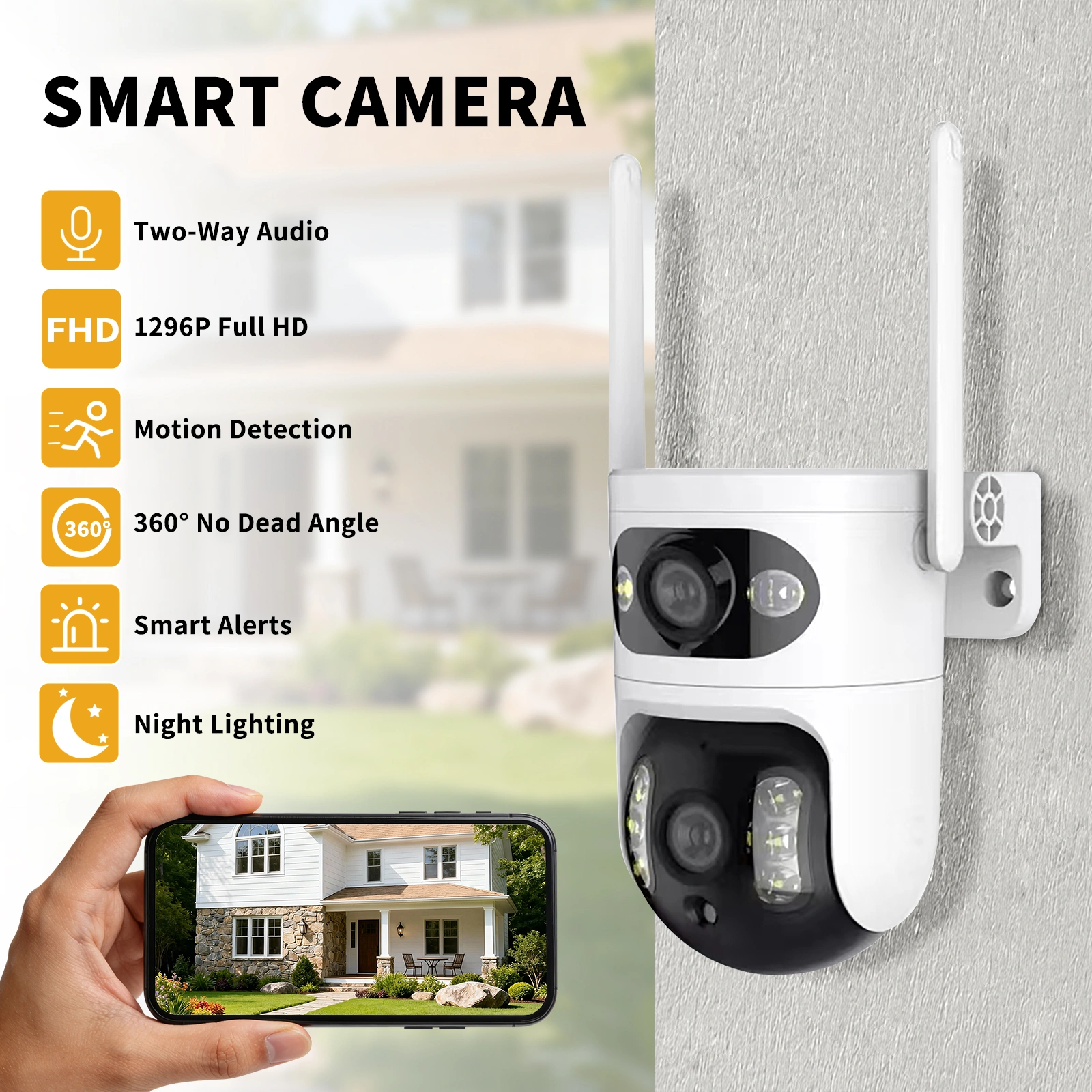 Dual Eye Security Camera, Panoramic + Detail HD Dual Lens Ball Mount Linkage Monitoring Camera, Wide Angle Surveillance