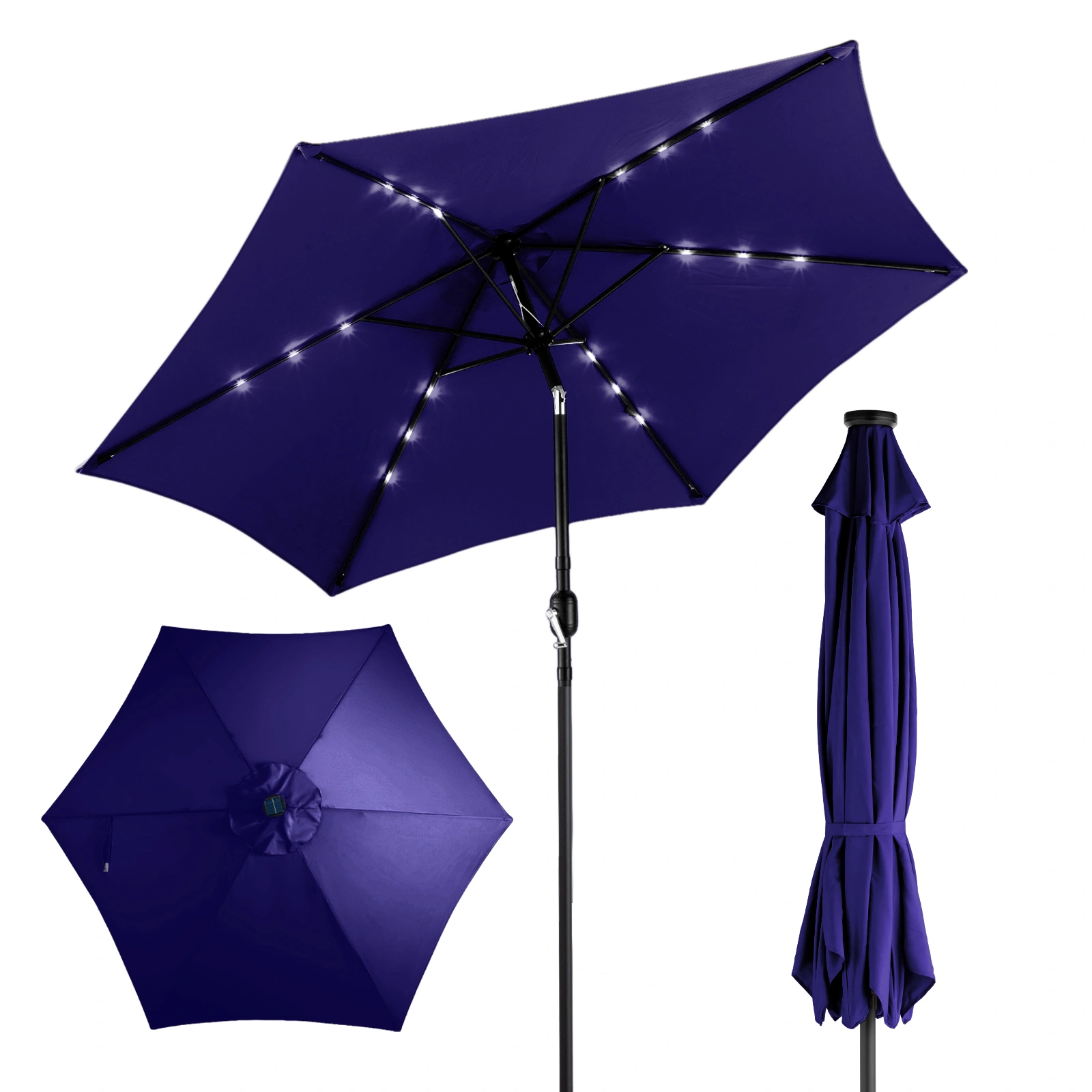 9ft Solar LED Patio Umbrella with Push Button Tilt & Crank, 6 Ribs Waterproof Polyester, Navy Blue