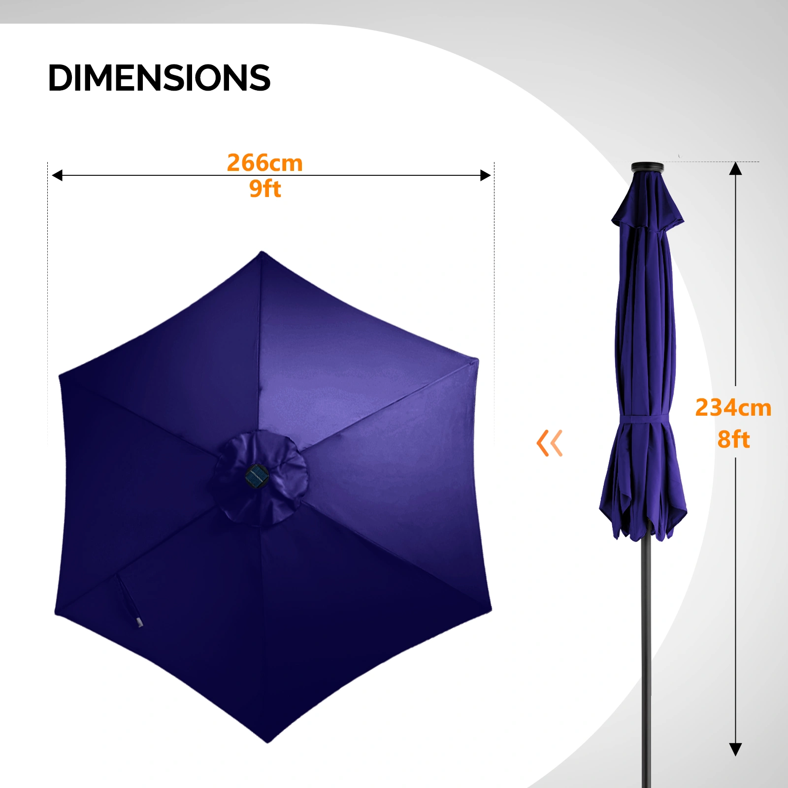 9ft Solar LED Patio Umbrella with Push Button Tilt & Crank, 6 Ribs Waterproof Polyester, Navy Blue view 2