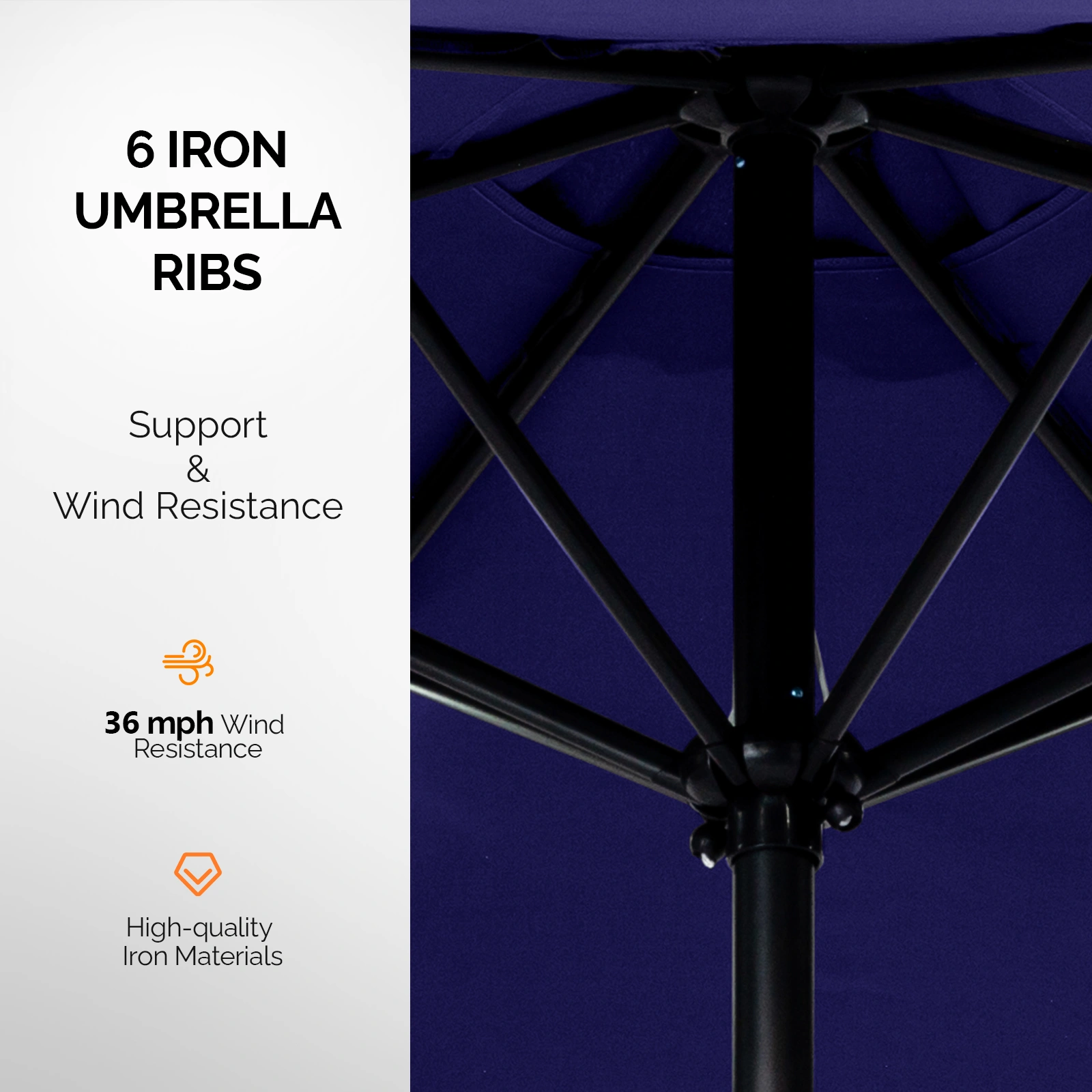 9ft Solar LED Patio Umbrella with Push Button Tilt & Crank, 6 Ribs Waterproof Polyester, Navy Blue view 3