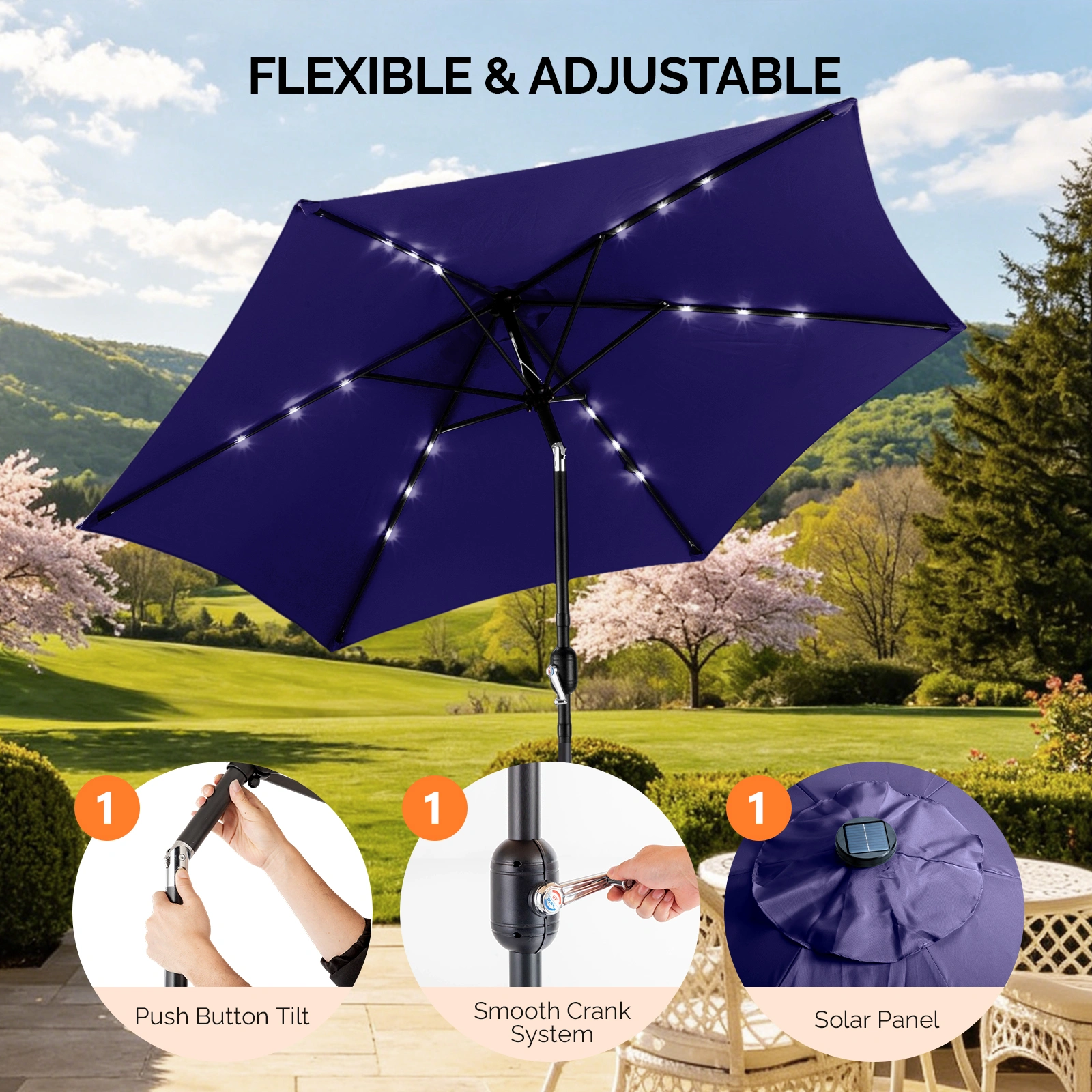 9ft Solar LED Patio Umbrella with Push Button Tilt & Crank, 6 Ribs Waterproof Polyester, Navy Blue view 4