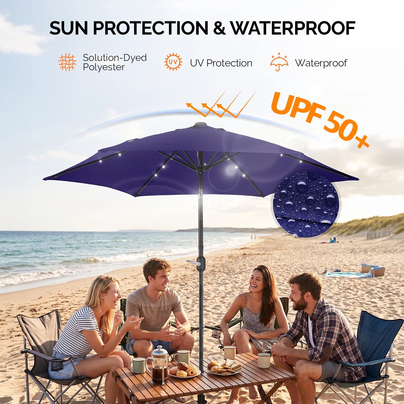 9ft Solar LED Patio Umbrella with Push Button Tilt & Crank, 6 Ribs Waterproof Polyester, Navy Blue view 5