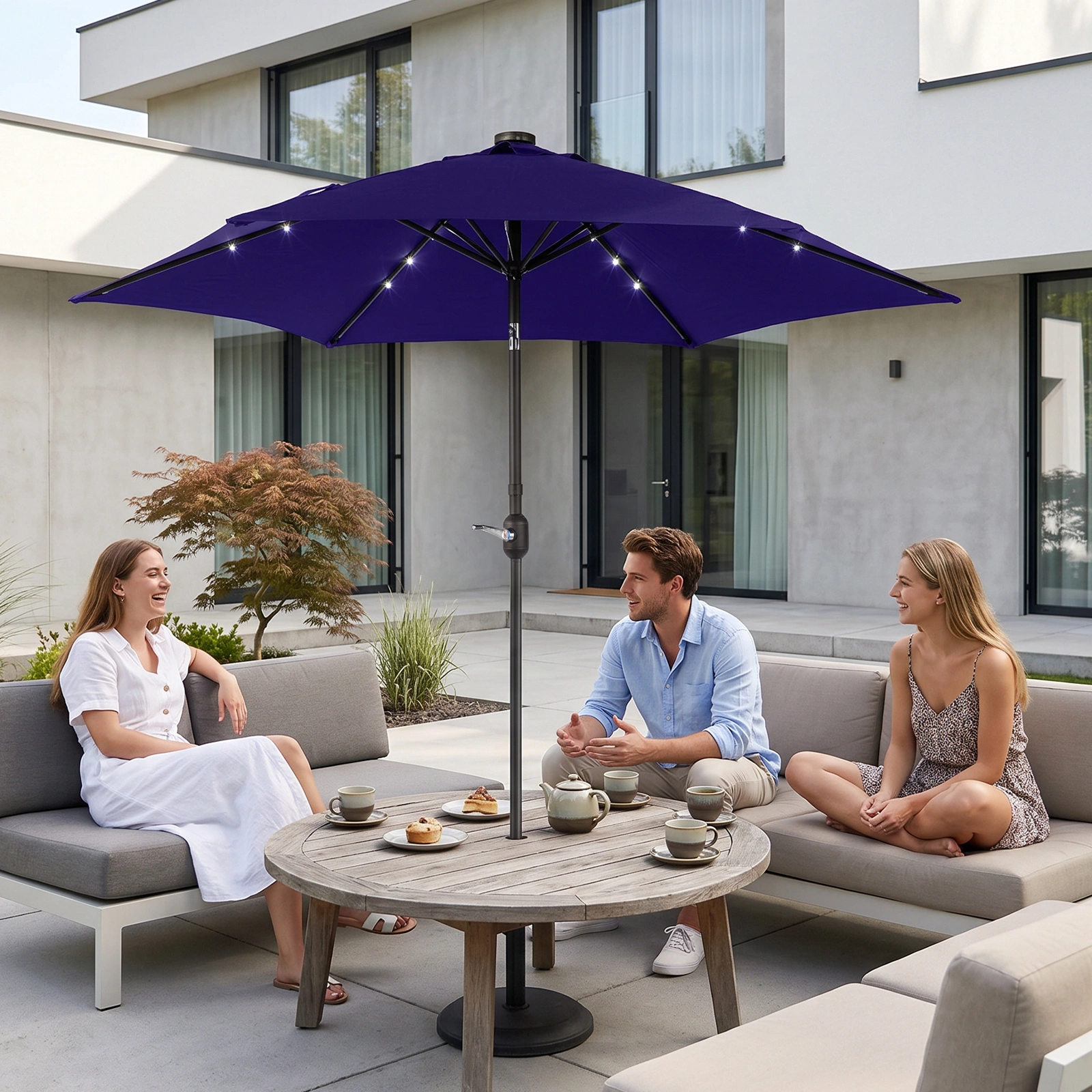 9ft Solar LED Patio Umbrella with Push Button Tilt & Crank, 6 Ribs Waterproof Polyester, Navy Blue view 6