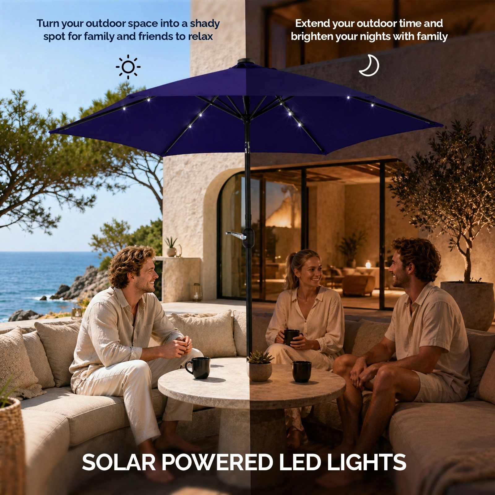 9ft Solar LED Patio Umbrella with Push Button Tilt & Crank, 6 Ribs Waterproof Polyester, Navy Blue view 7