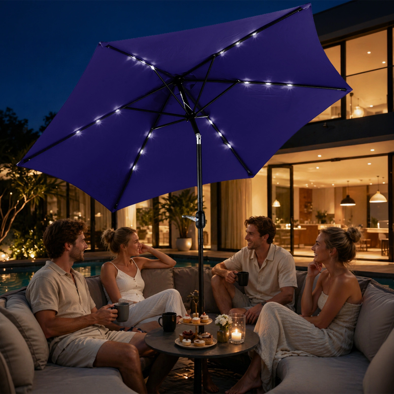 9ft Solar LED Patio Umbrella with Push Button Tilt & Crank, 6 Ribs Waterproof Polyester, Navy Blue view 8