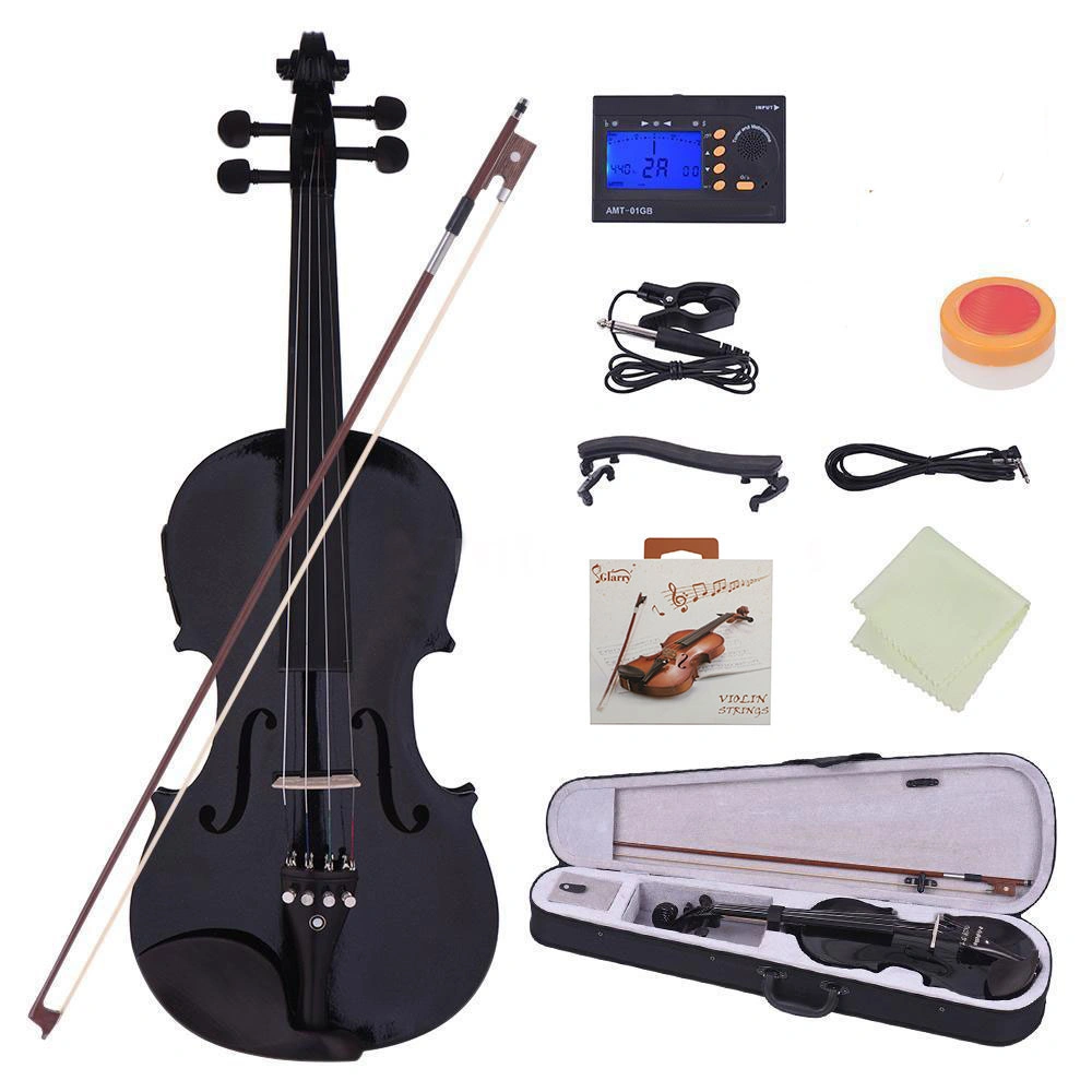 GV102 4/4 Solid Wood EQ Violin Starter Kit with Case, Bow, Strings, Shoulder Rest, Tuner, Cloth - Black