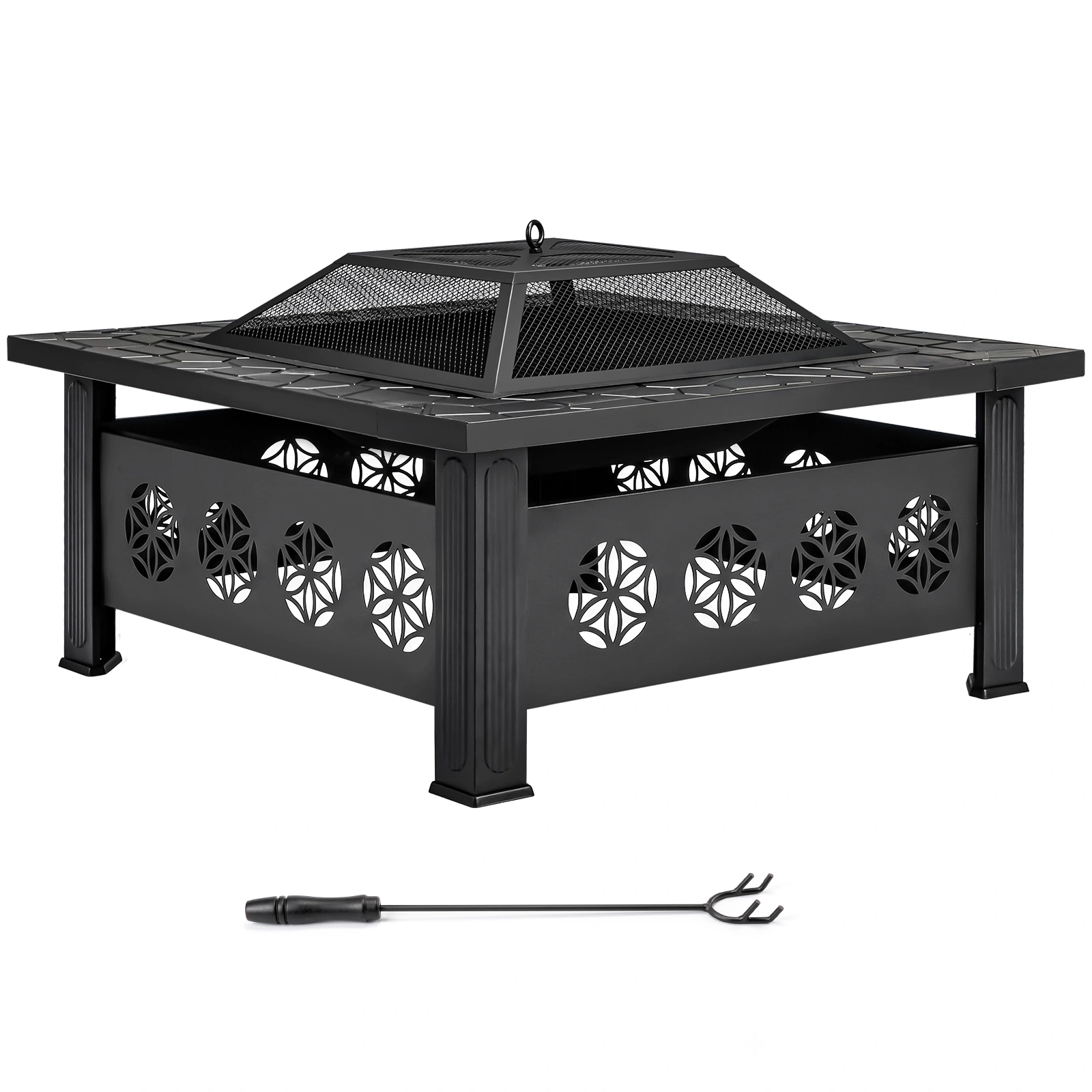 32" Square Outdoor Wood Burning Fire Pit Table, Heavy Duty Wrought Iron Firepit w/ Pyramid Spark Screen Lid & Fire Poker, Floral Cutout Patio Fire Pit, Black