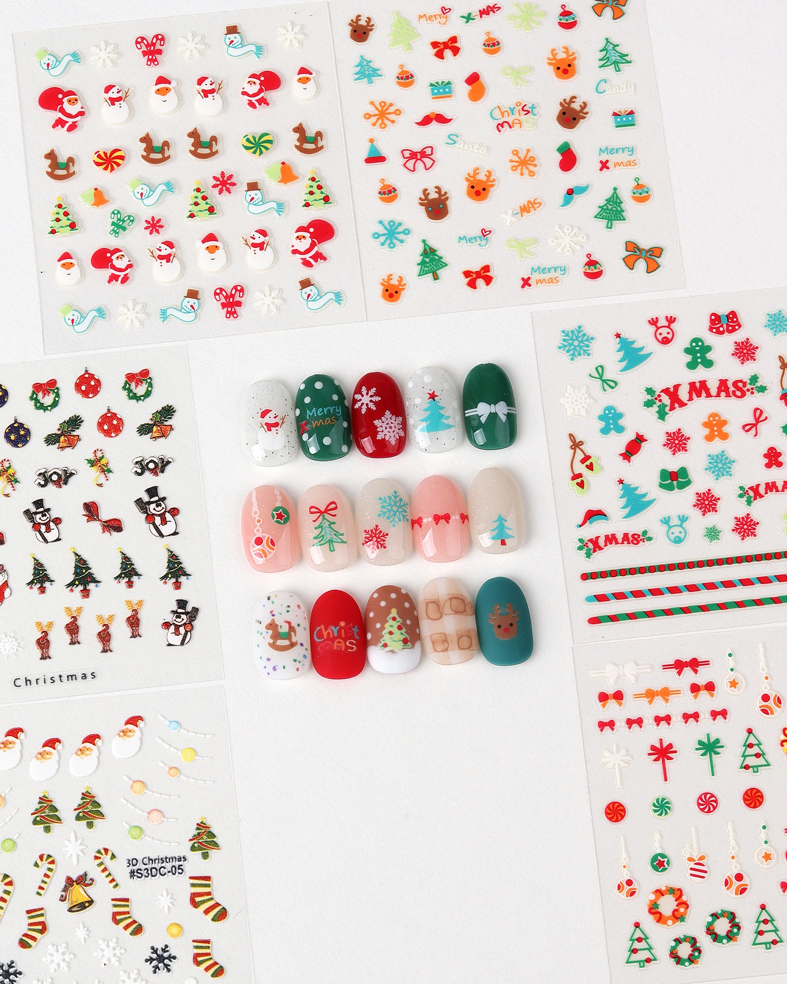 GlossyBlossom 3D Christmas Nail Stickers Korean Holiday Nail Art Decals Santa Reindeer Snowflake Tree Designs DIY Manicure