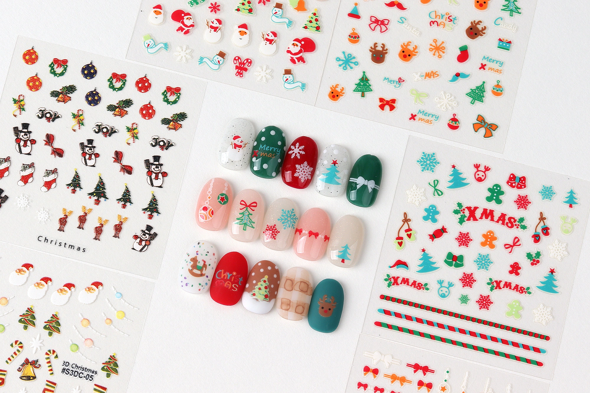 GlossyBlossom 3D Christmas Nail Stickers Korean Holiday Nail Art Decals Santa Reindeer Snowflake Tree Designs DIY Manicure view 6