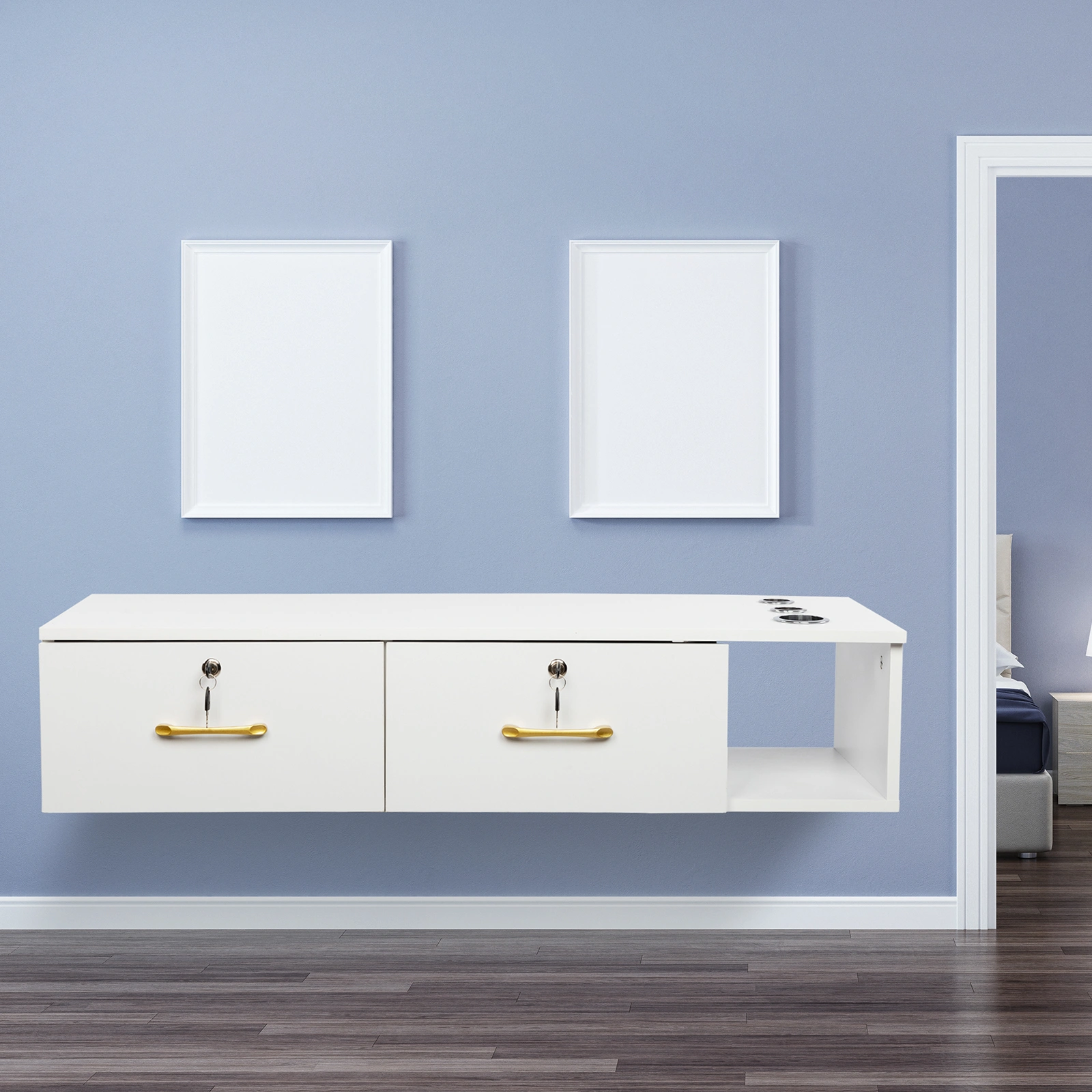 White Salon Cabinet 15mm E0 Particleboard Linen Finish, 2 Drawer 3 Hole with Lock Storage Cabinet for Beauty Salon Spa view 13