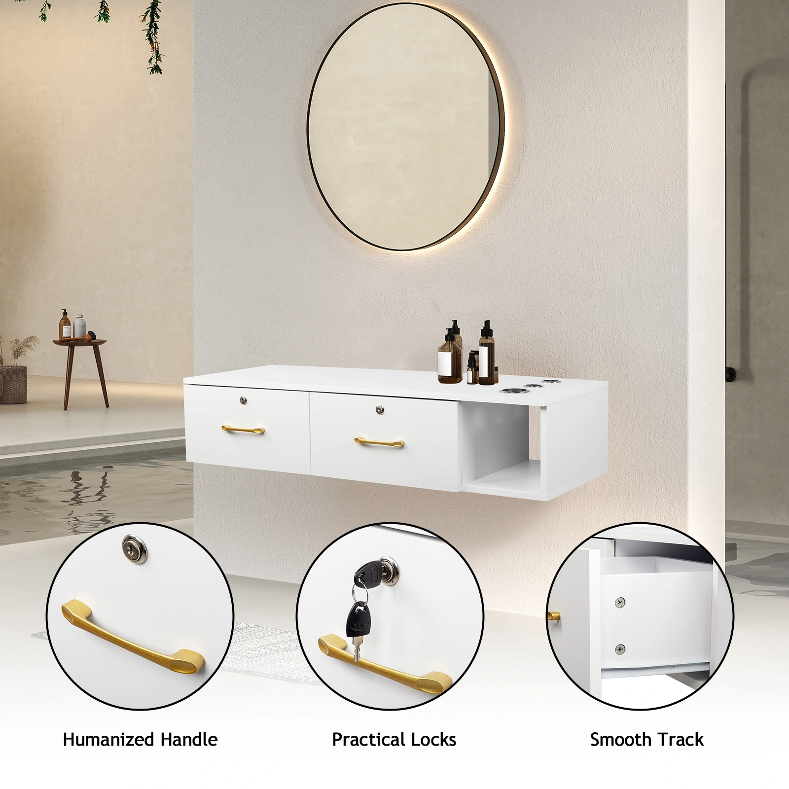 White Salon Cabinet 15mm E0 Particleboard Linen Finish, 2 Drawer 3 Hole with Lock Storage Cabinet for Beauty Salon Spa view 14