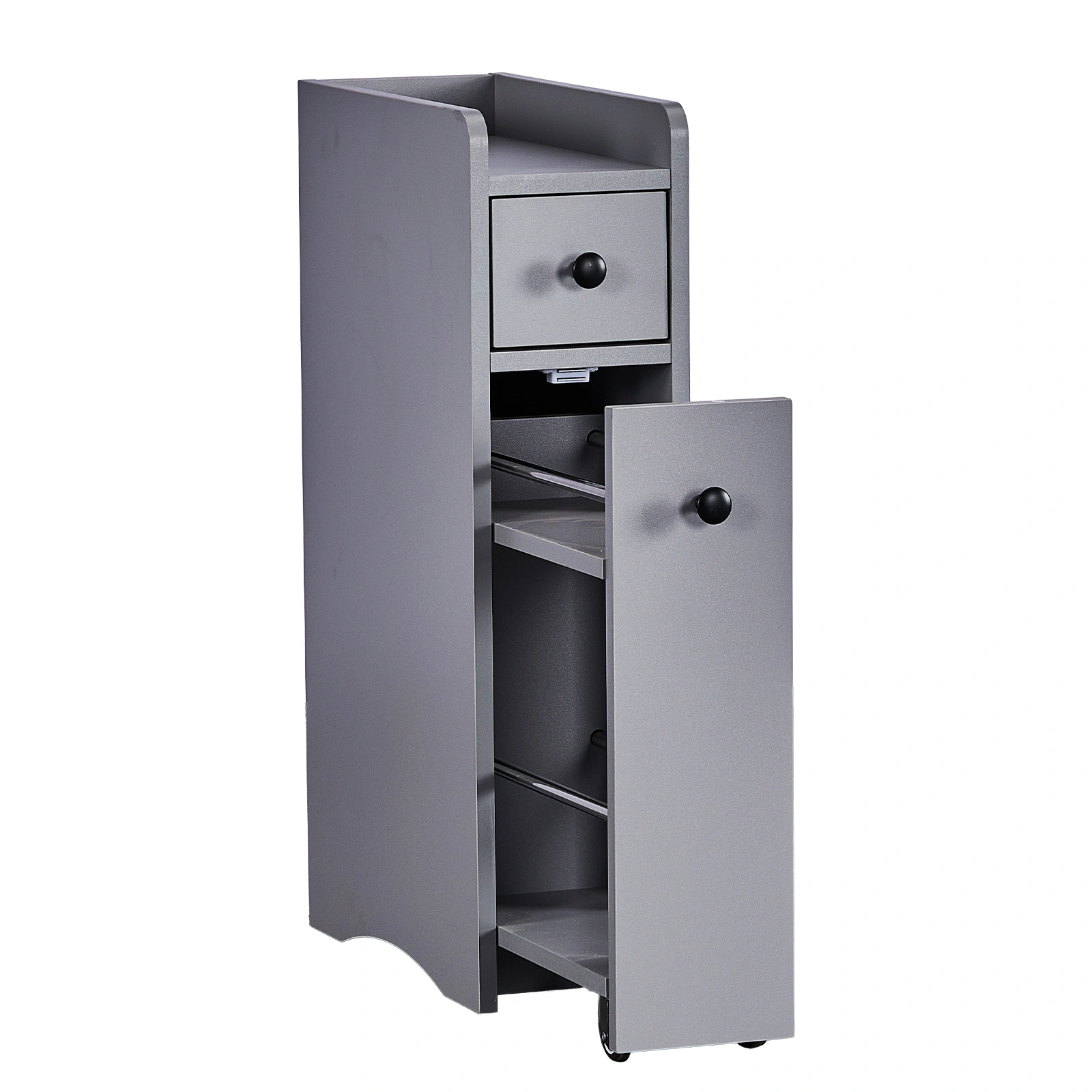 Gray Low Cabinet with 2 Drawers, 18x40x70cm Particleboard Bathroom Vanity, Melamine Finish, Wheels & Pull-Out Shelf
