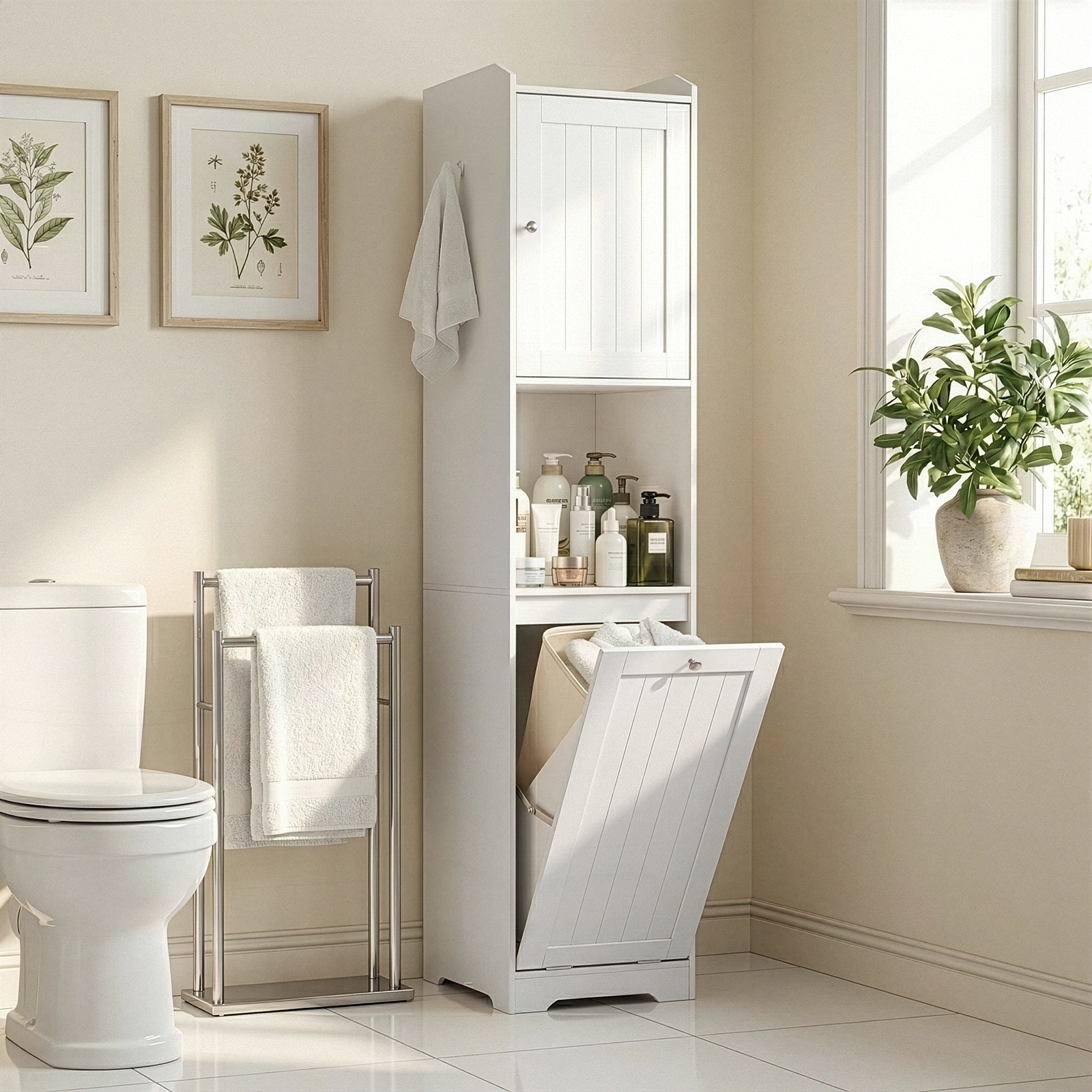 White Bathroom Tall Cabinet, 40x40x180cm Melamine Faced Particleboard, 1 Door + Flip-Down Drawer with Non-Woven Storage Bag, Vertical Grain