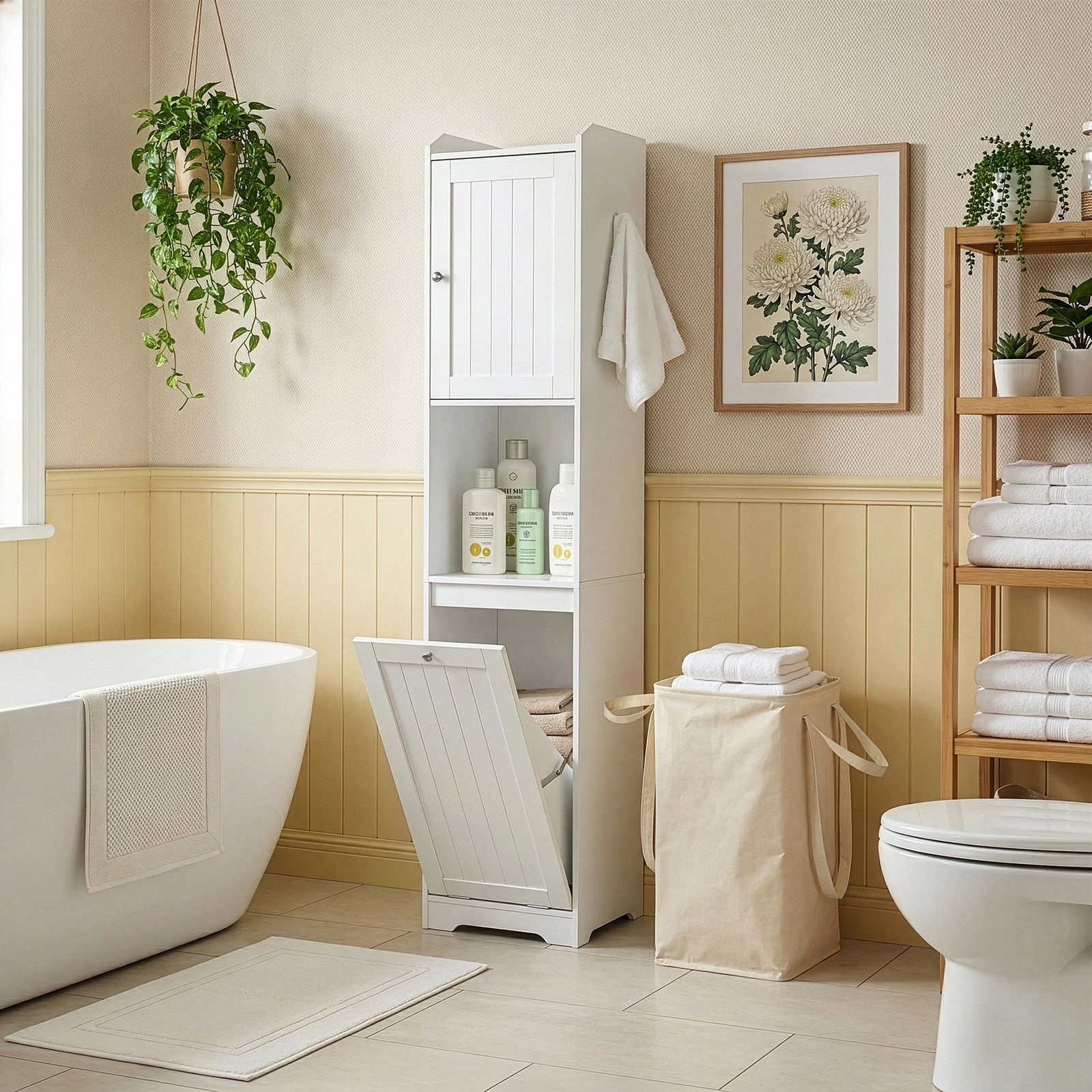 White Bathroom Tall Cabinet, 40x40x180cm Melamine Faced Particleboard, 1 Door + Flip-Down Drawer with Non-Woven Storage Bag, Vertical Grain view 10