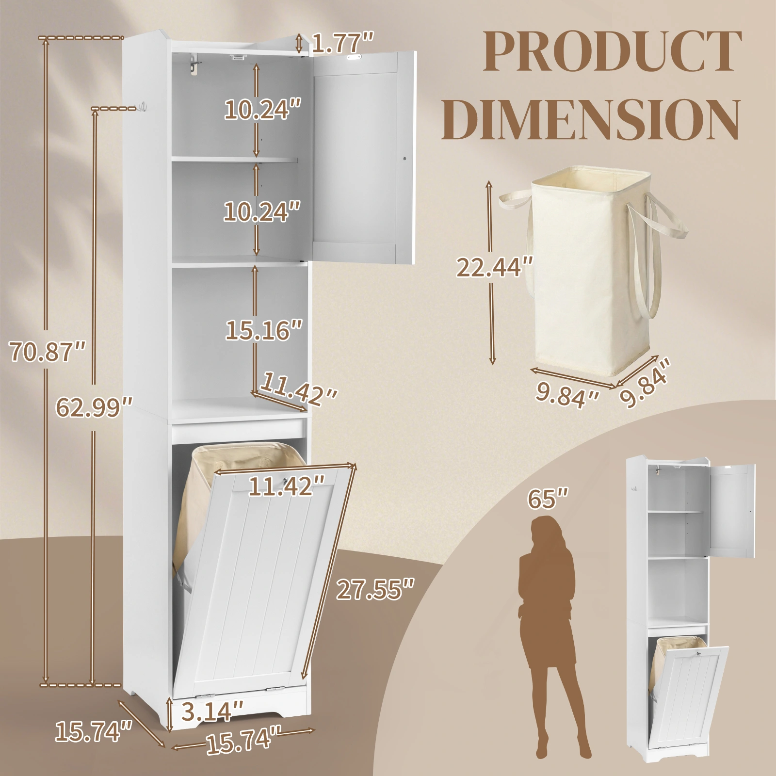 White Bathroom Tall Cabinet, 40x40x180cm Melamine Faced Particleboard, 1 Door + Flip-Down Drawer with Non-Woven Storage Bag, Vertical Grain view 11