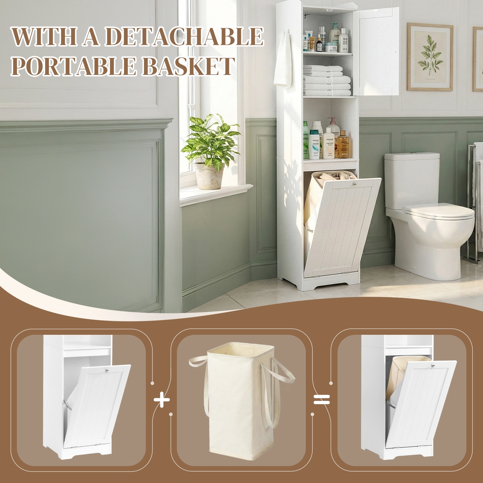 White Bathroom Tall Cabinet, 40x40x180cm Melamine Faced Particleboard, 1 Door + Flip-Down Drawer with Non-Woven Storage Bag, Vertical Grain view 12