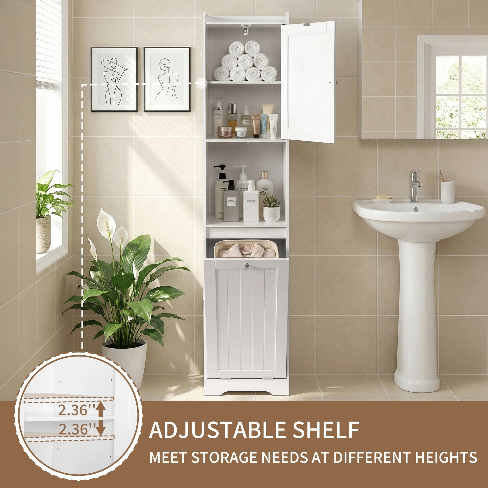 White Bathroom Tall Cabinet, 40x40x180cm Melamine Faced Particleboard, 1 Door + Flip-Down Drawer with Non-Woven Storage Bag, Vertical Grain view 13