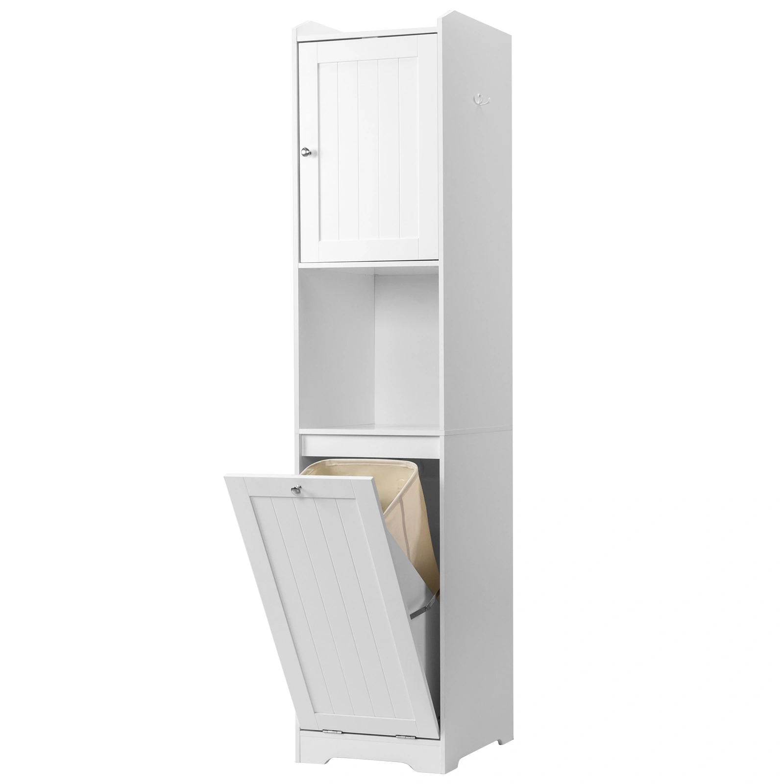 White Bathroom Tall Cabinet, 40x40x180cm Melamine Faced Particleboard, 1 Door + Flip-Down Drawer with Non-Woven Storage Bag, Vertical Grain view 15