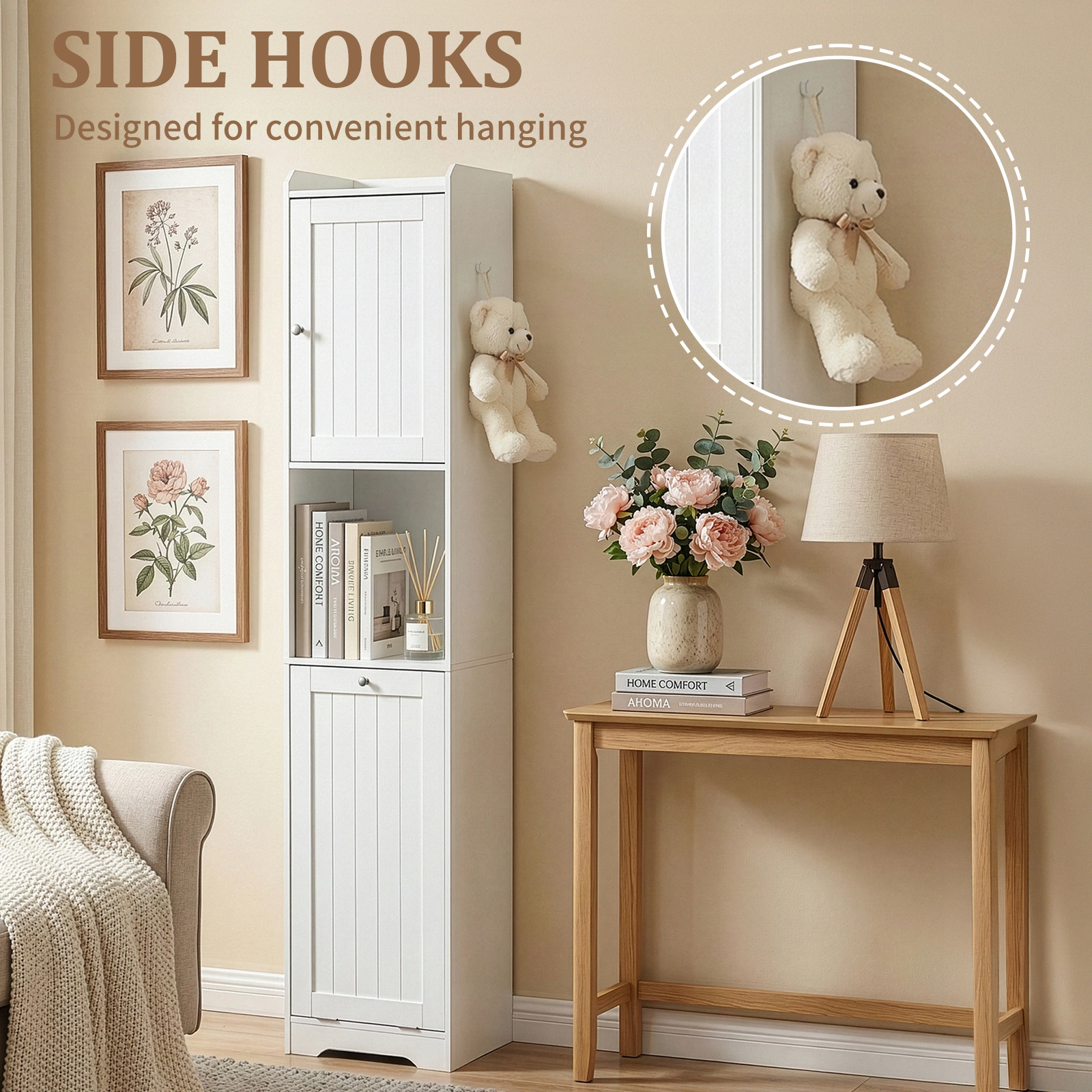 White Bathroom Tall Cabinet, 40x40x180cm Melamine Faced Particleboard, 1 Door + Flip-Down Drawer with Non-Woven Storage Bag, Vertical Grain view 16