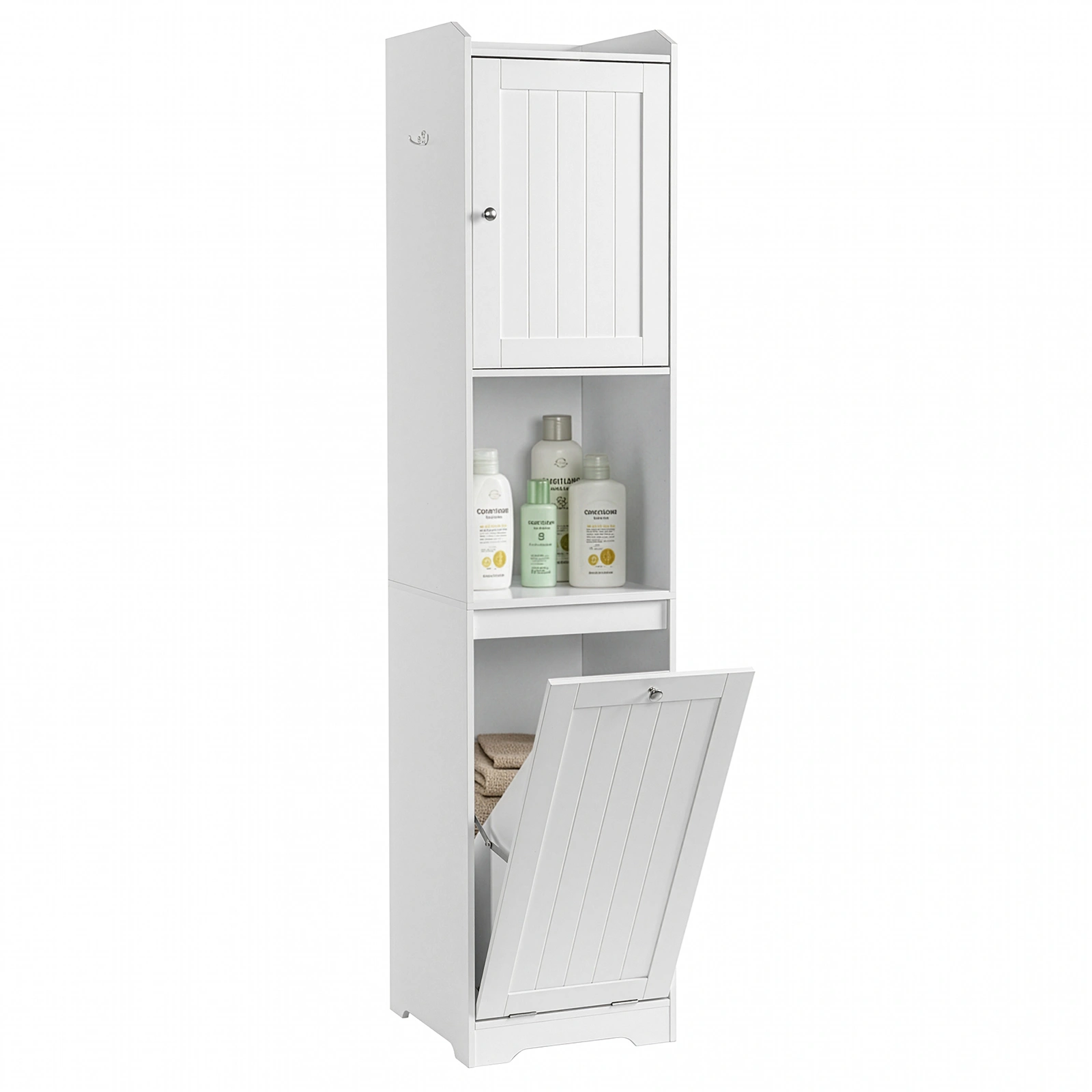 White Bathroom Tall Cabinet, 40x40x180cm Melamine Faced Particleboard, 1 Door + Flip-Down Drawer with Non-Woven Storage Bag, Vertical Grain view 18