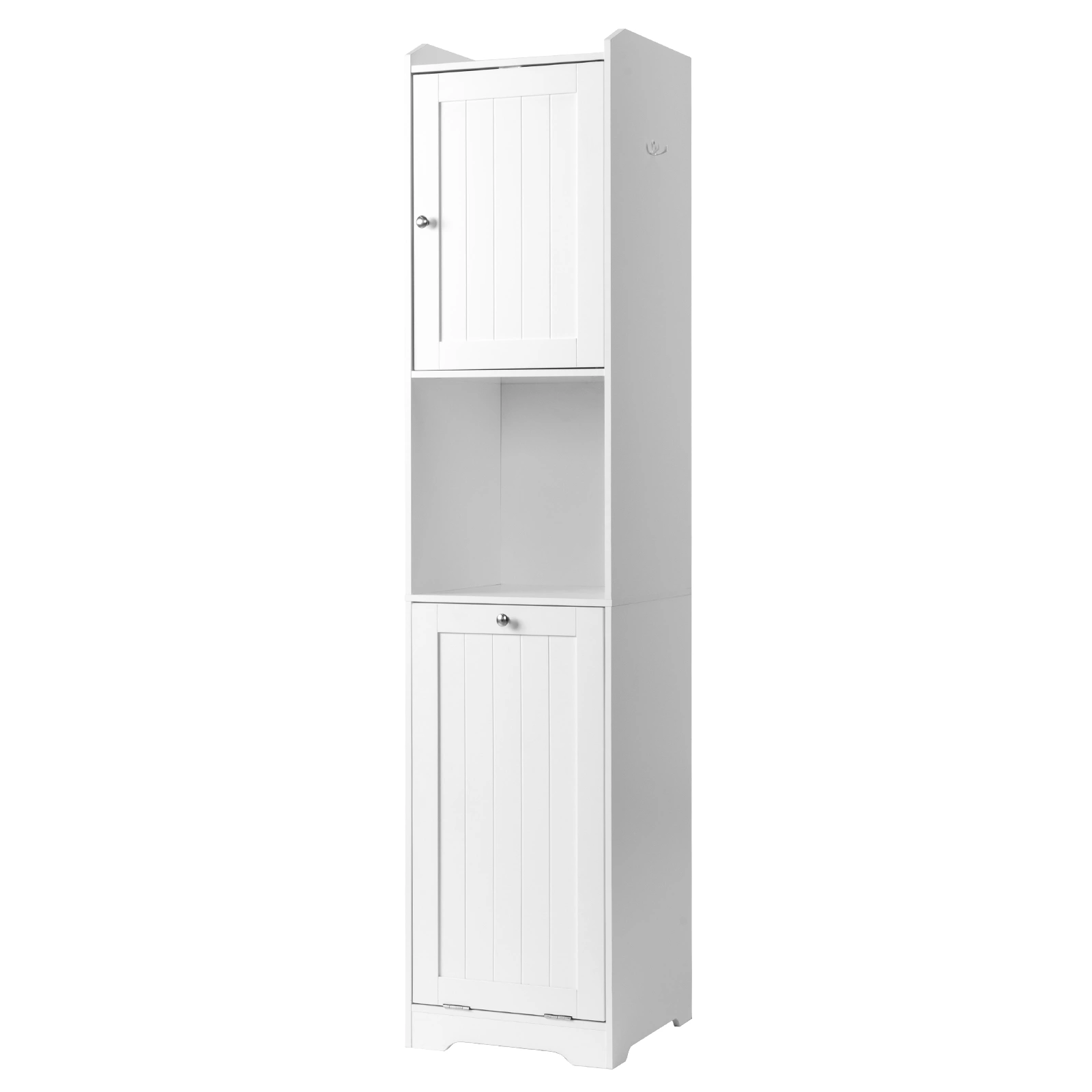White Bathroom Tall Cabinet, 40x40x180cm Melamine Faced Particleboard, 1 Door + Flip-Down Drawer with Non-Woven Storage Bag, Vertical Grain view 2