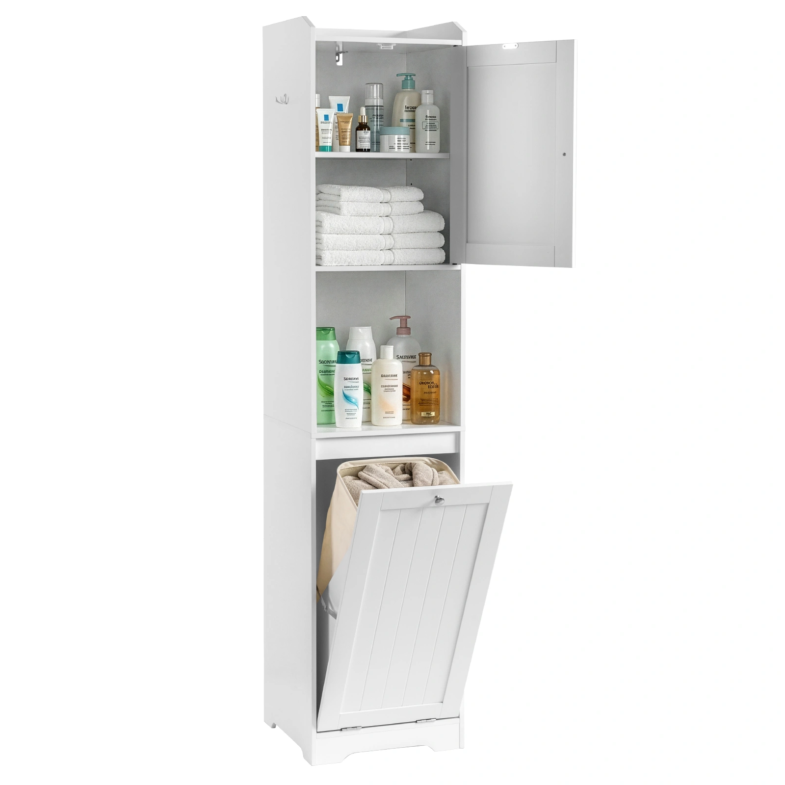 White Bathroom Tall Cabinet, 40x40x180cm Melamine Faced Particleboard, 1 Door + Flip-Down Drawer with Non-Woven Storage Bag, Vertical Grain view 3