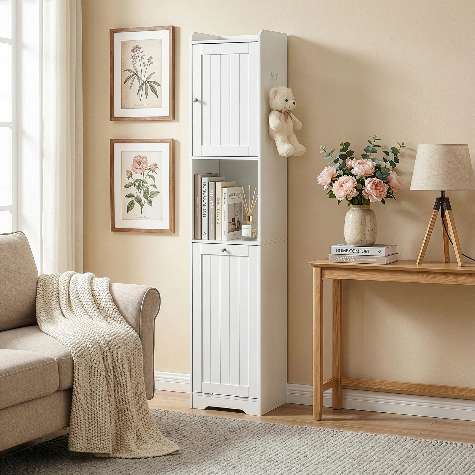 White Bathroom Tall Cabinet, 40x40x180cm Melamine Faced Particleboard, 1 Door + Flip-Down Drawer with Non-Woven Storage Bag, Vertical Grain view 5
