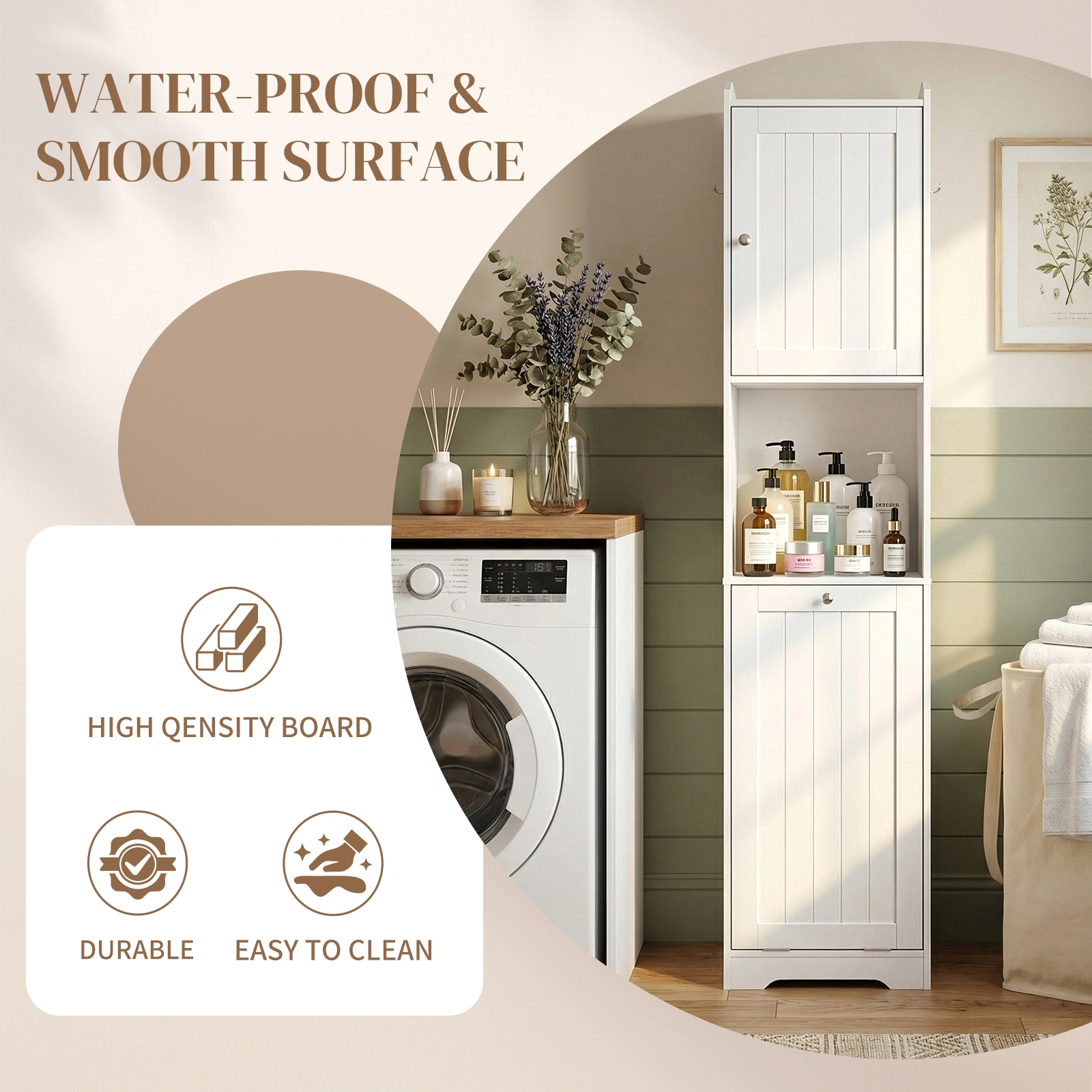White Bathroom Tall Cabinet, 40x40x180cm Melamine Faced Particleboard, 1 Door + Flip-Down Drawer with Non-Woven Storage Bag, Vertical Grain view 6