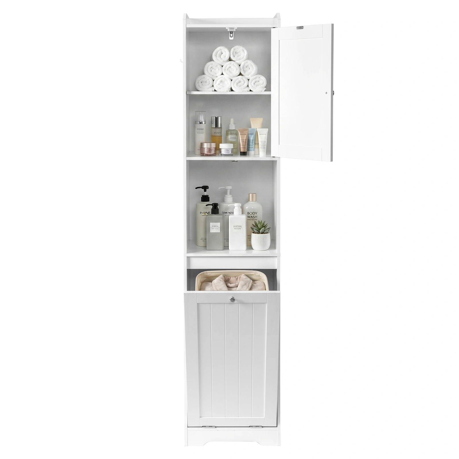 White Bathroom Tall Cabinet, 40x40x180cm Melamine Faced Particleboard, 1 Door + Flip-Down Drawer with Non-Woven Storage Bag, Vertical Grain view 7