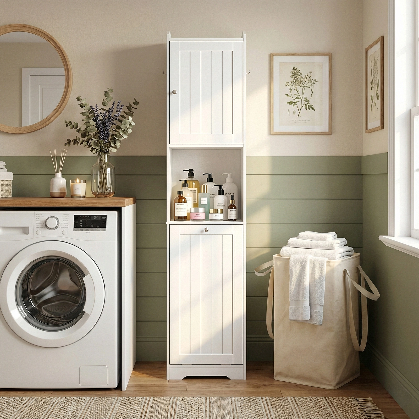 White Bathroom Tall Cabinet, 40x40x180cm Melamine Faced Particleboard, 1 Door + Flip-Down Drawer with Non-Woven Storage Bag, Vertical Grain view 8