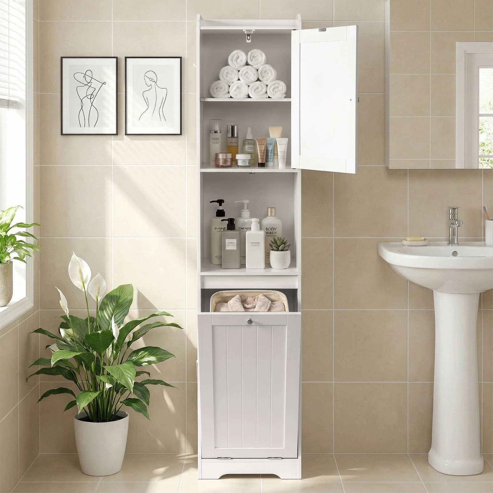 White Bathroom Tall Cabinet, 40x40x180cm Melamine Faced Particleboard, 1 Door + Flip-Down Drawer with Non-Woven Storage Bag, Vertical Grain view 9