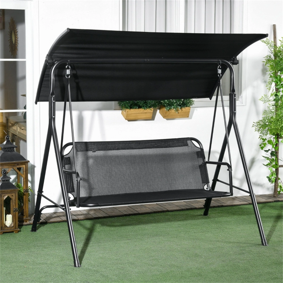 3-Seat Outdoor Patio Swing Chair, Black Wicker 3-Person Cushioned Swing Bench for Garden Porch Deck, Weather-Resistant