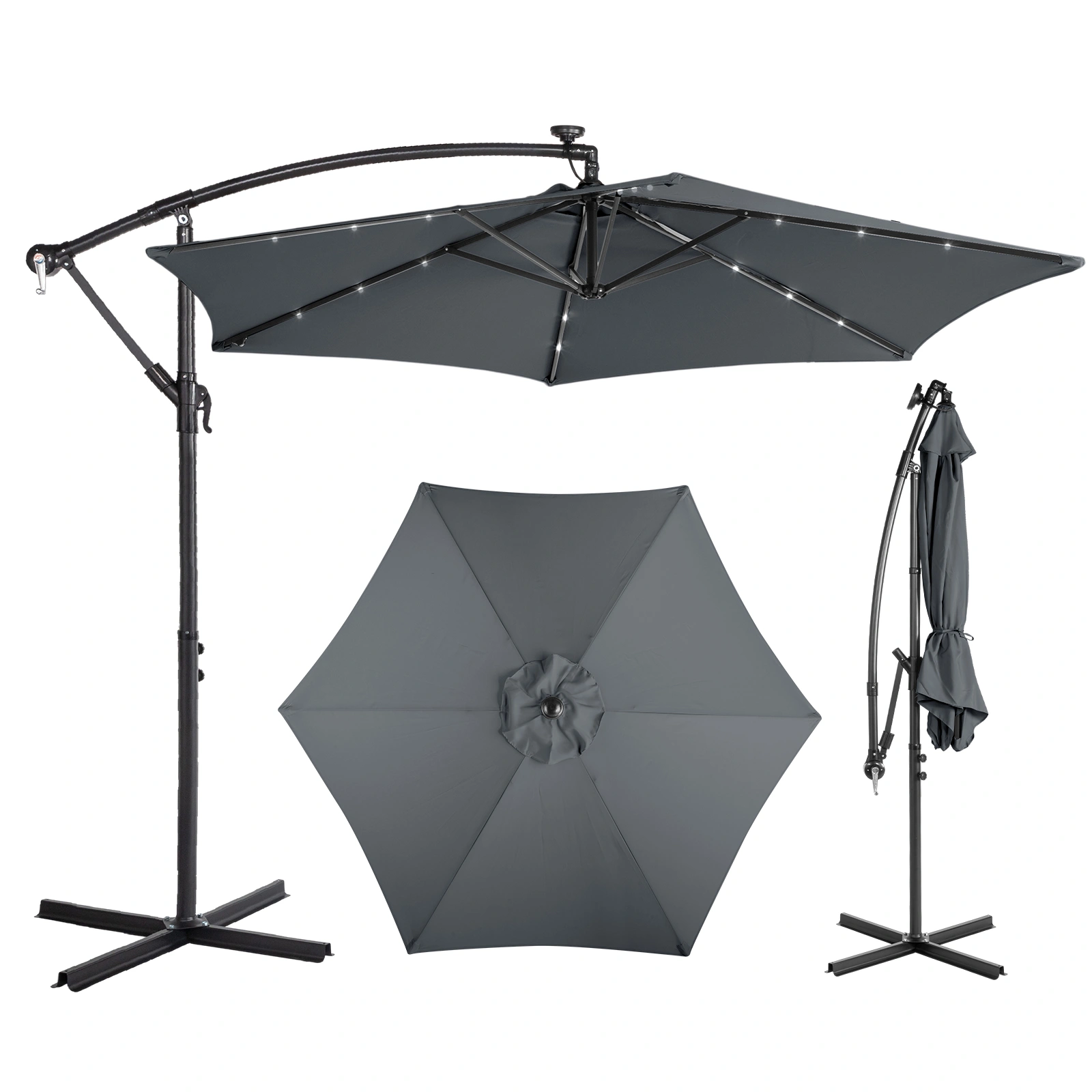 10FT Round Banana Hanging Patio Umbrella w/ 18 LED Lights, 6 Iron Ribs, Waterproof Polyester Canopy, Gray w/ Stand Sleeve & Cross Base