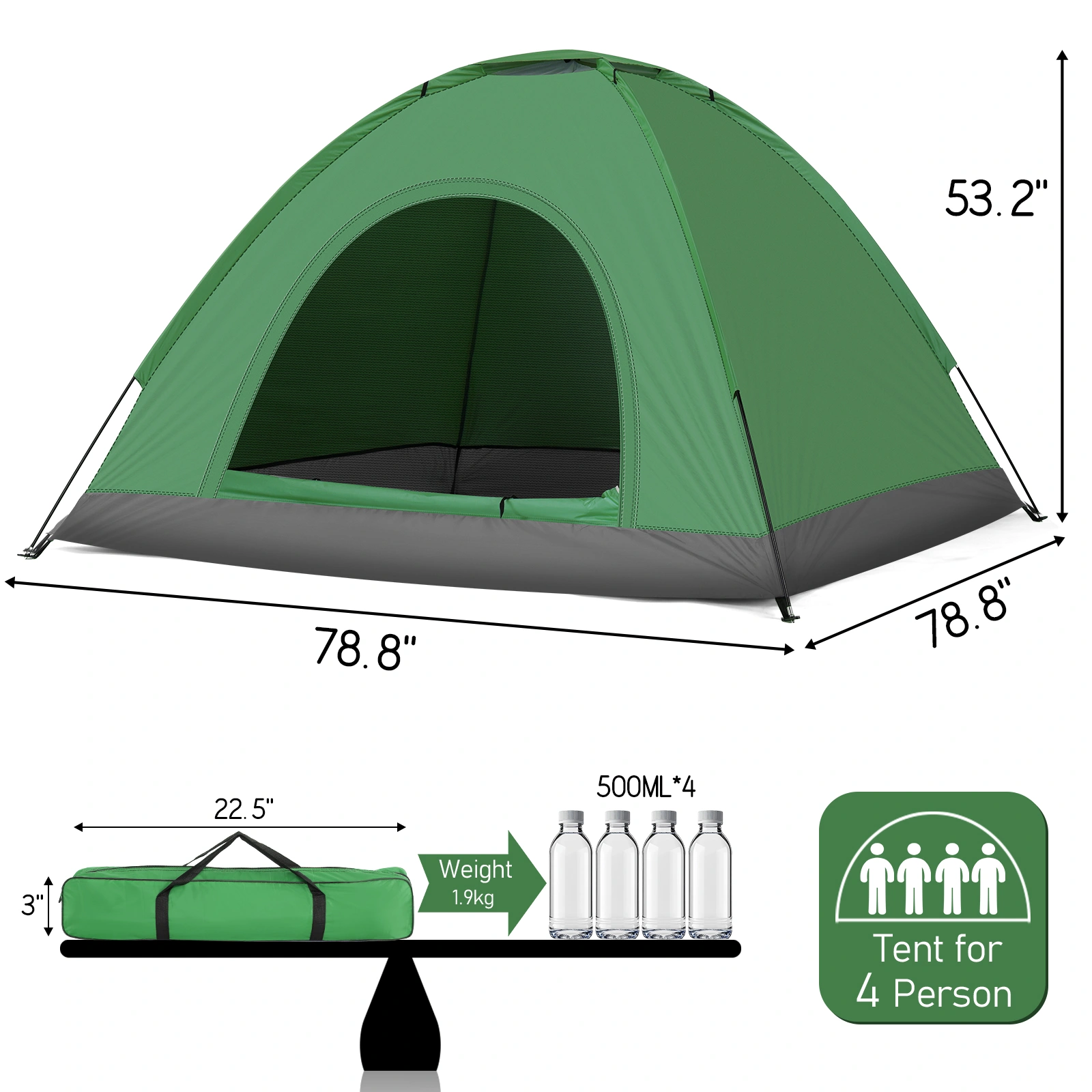 3-4 Person Camping Dome Tent, Army Green Waterproof Family Outdoor Tent, Easy Setup for Hiking Backpacking view 3