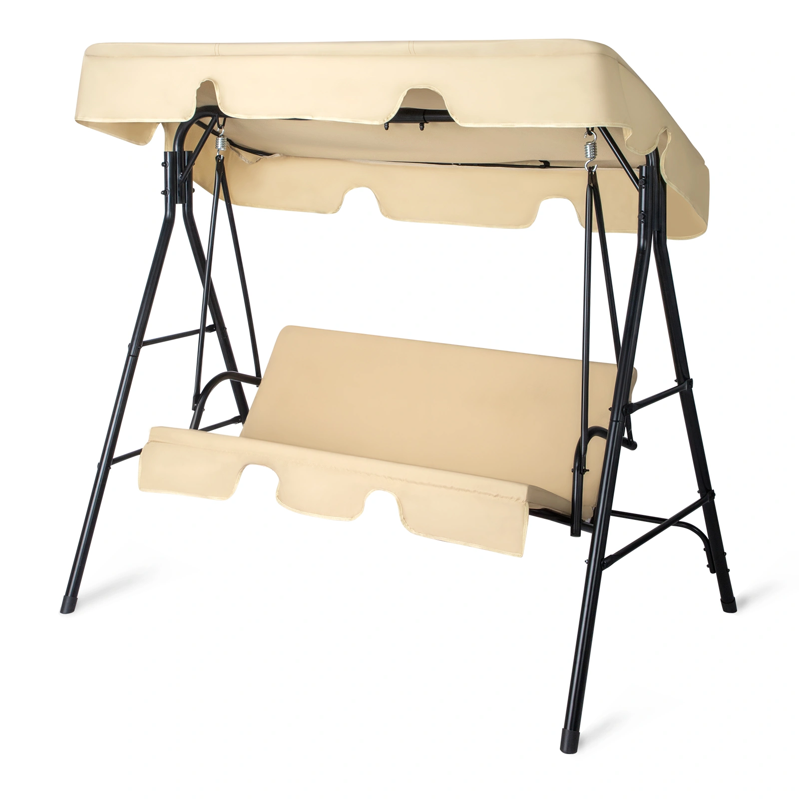 Heavy Duty 250kg KD Swing Set 68x43x60 Inch, Khaki Canopy with Cushion, Iron Frame, Oxford Fabric Outdoor Garden Playground