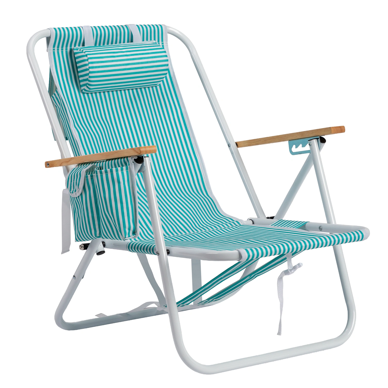 4-Position Adjustable Backpack Beach Chair, Foldable Rustproof Aluminum Frame Lounge Chair, Wooden Armrest, Side Pockets & Detachable Pillow, 24×22×37 in, 265 LBS, Mint Green White Vertical Stripe