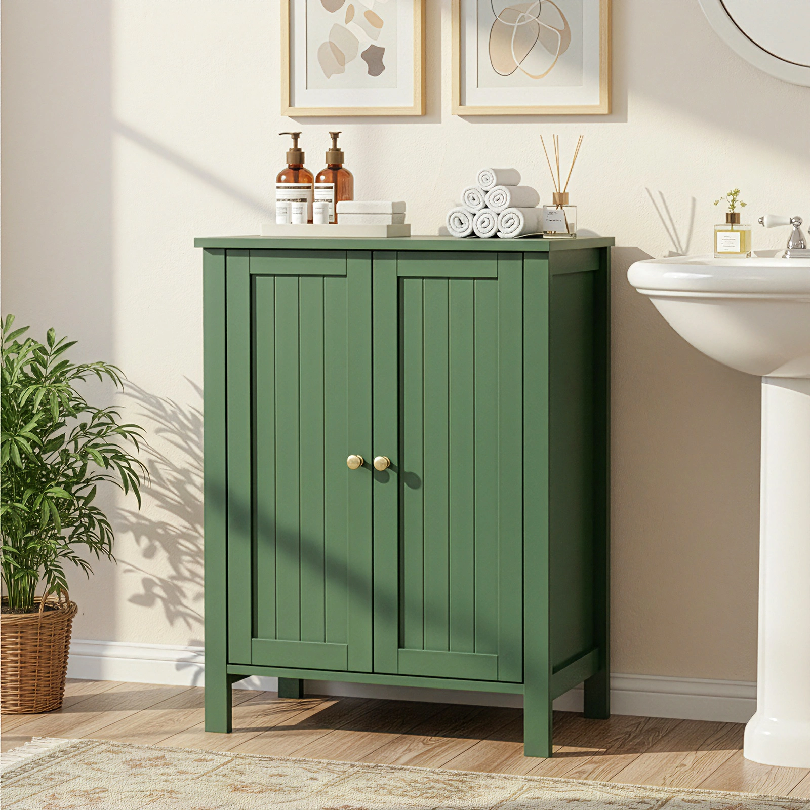 60cm Bathroom Vanity Forest Green MDF Vertical Stripes Double Door 60x30x80cm