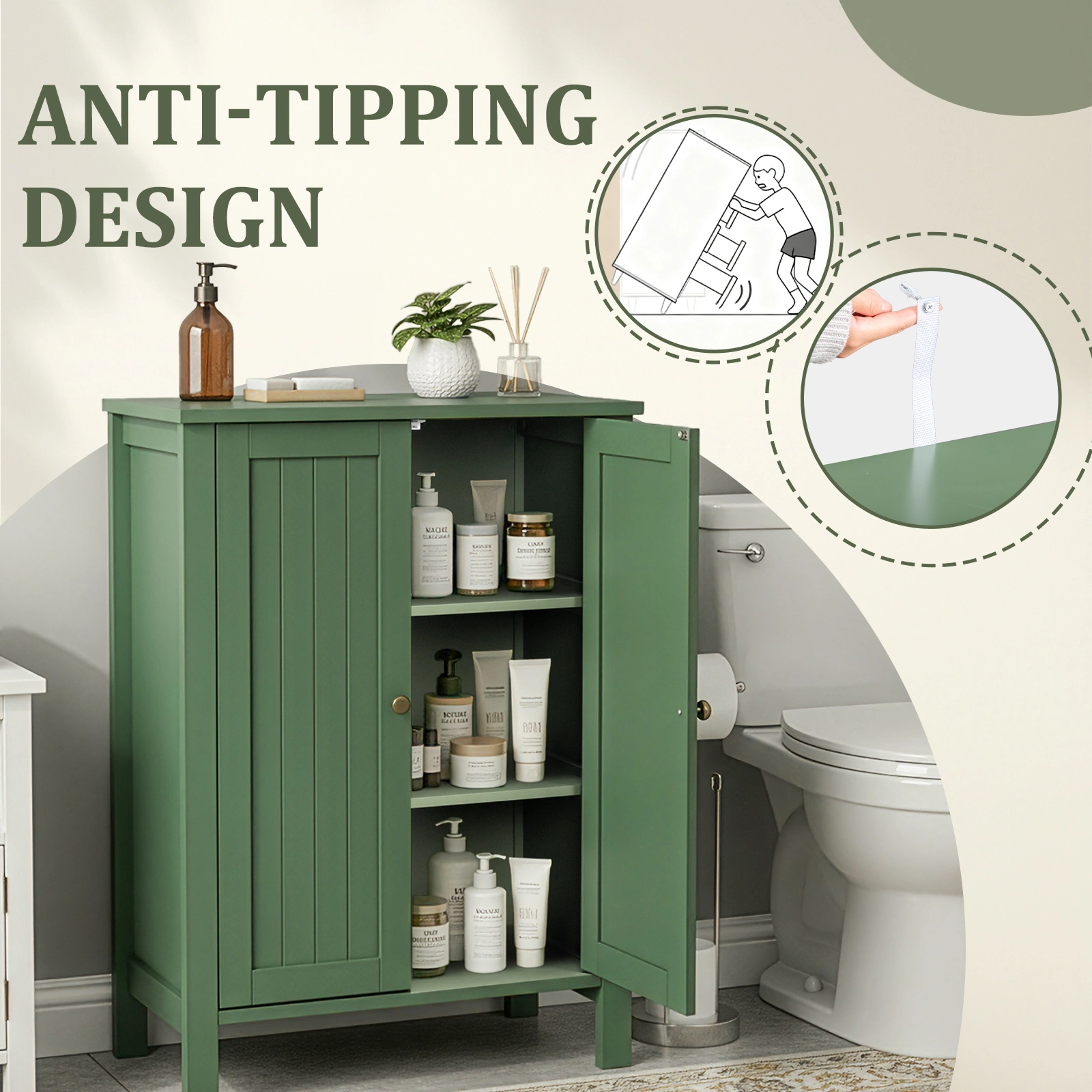 60cm Bathroom Vanity Forest Green MDF Vertical Stripes Double Door 60x30x80cm view 11