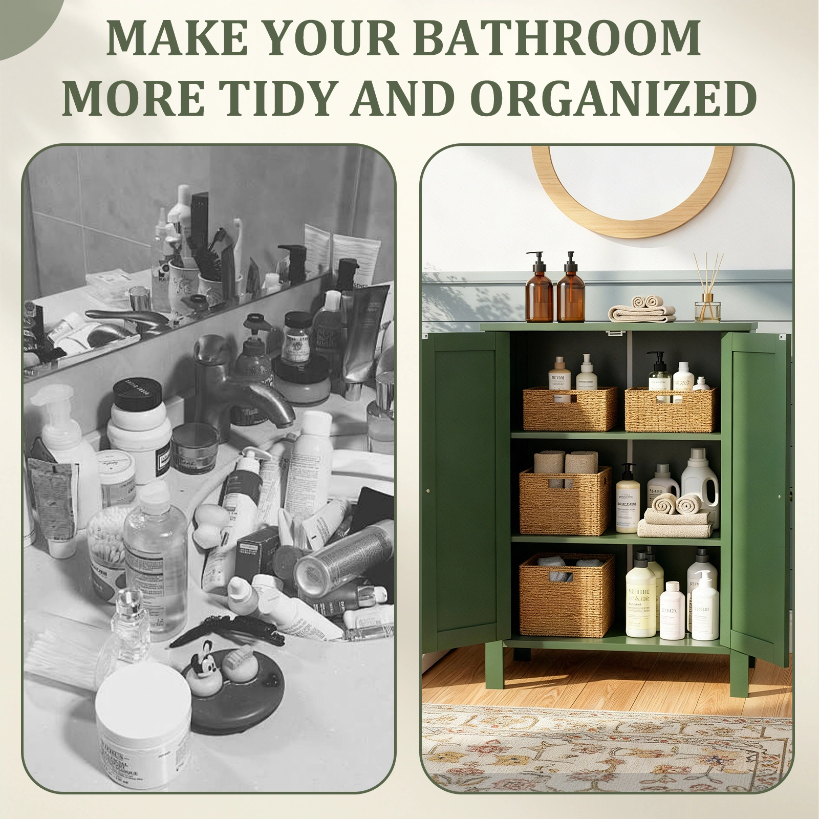 60cm Bathroom Vanity Forest Green MDF Vertical Stripes Double Door 60x30x80cm view 12